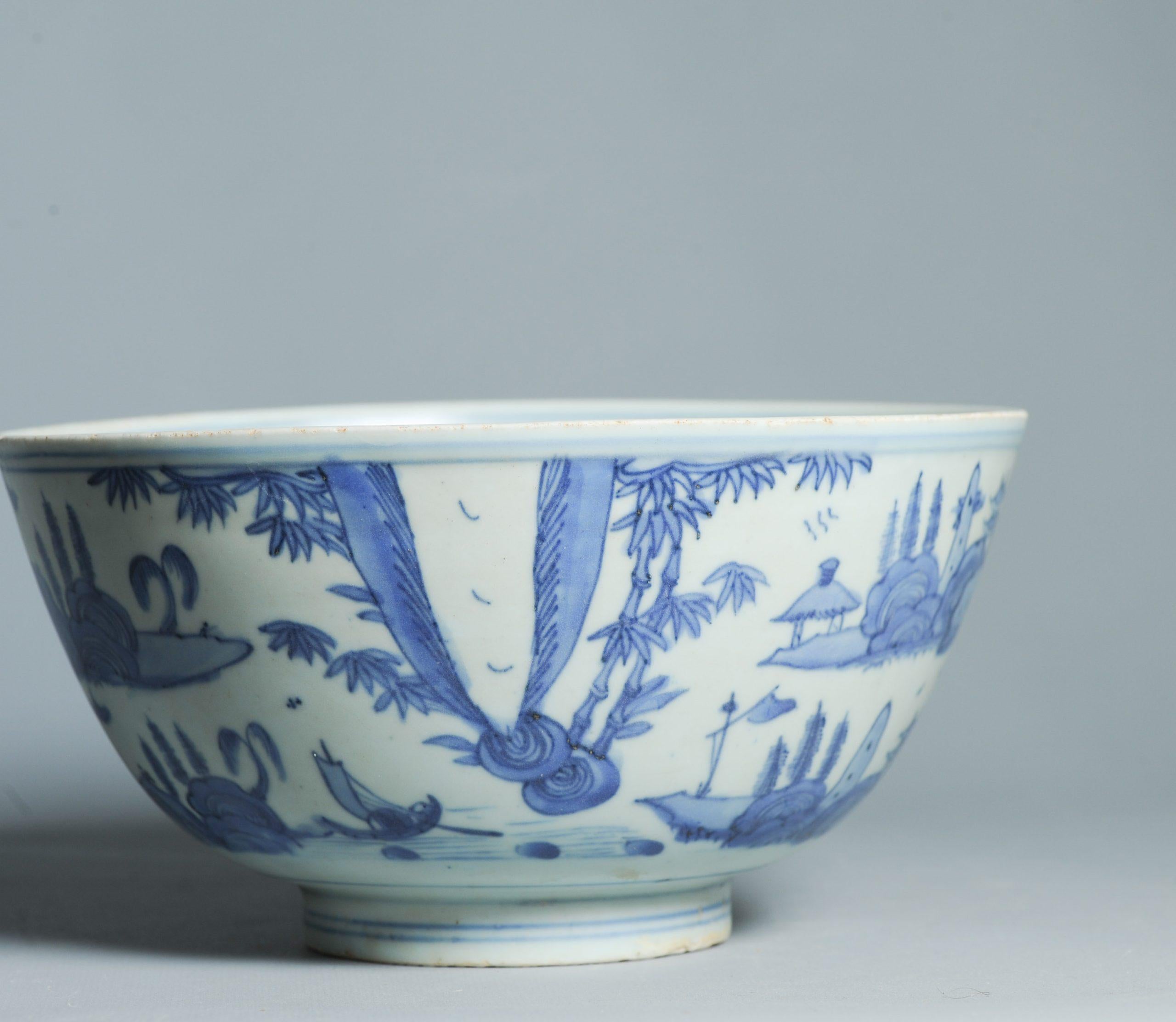 Antike 16. C Ming Jiajing Schale Chinesisches Porzellan Blau und weiß Landschaft im Angebot 9