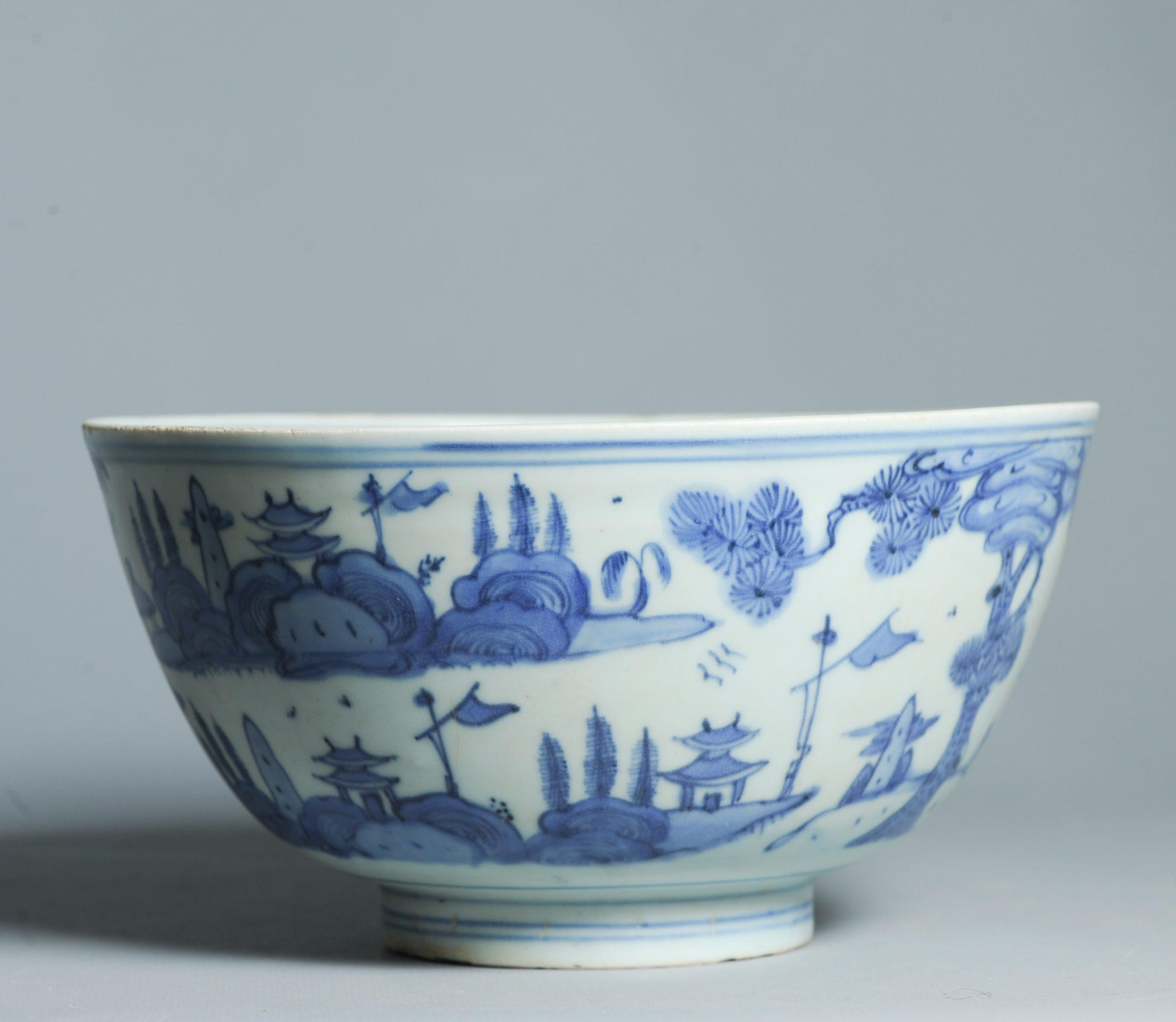 Antike 16. C Ming Jiajing Schale Chinesisches Porzellan Blau und weiß Landschaft im Angebot 10