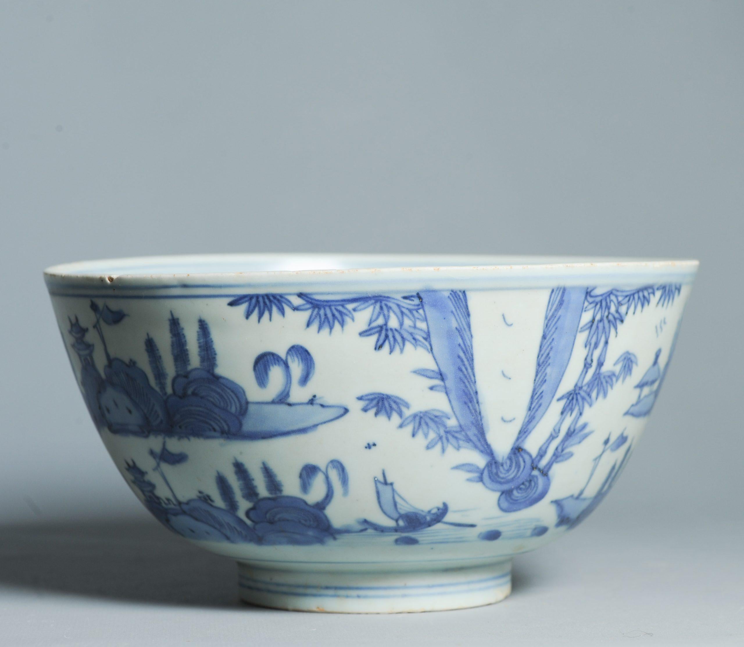 Antike 16. C Ming Jiajing Schale Chinesisches Porzellan Blau und weiß Landschaft (Ming-Dynastie) im Angebot