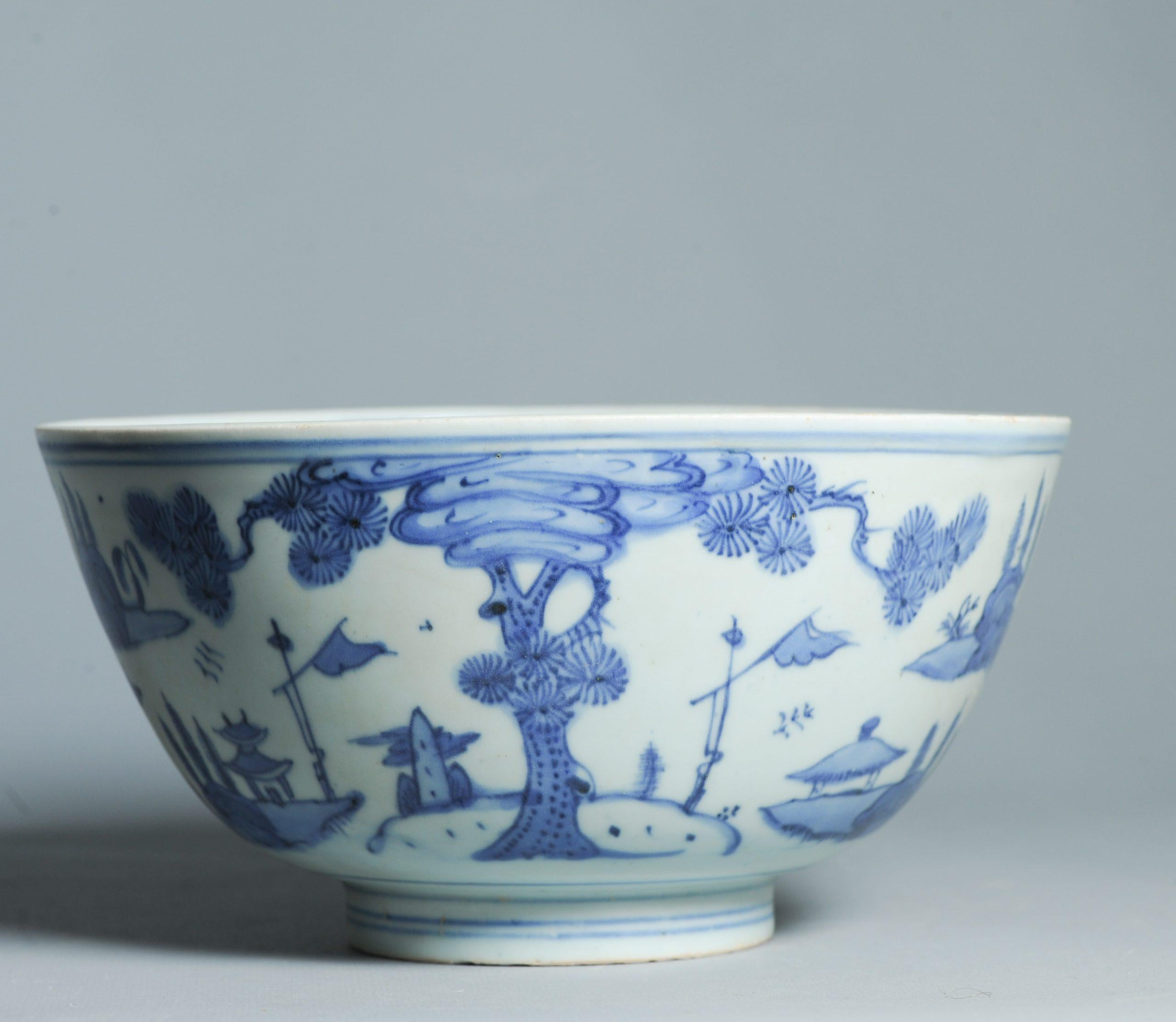 Antike 16. C Ming Jiajing Schale Chinesisches Porzellan Blau und weiß Landschaft (18. Jahrhundert und früher) im Angebot