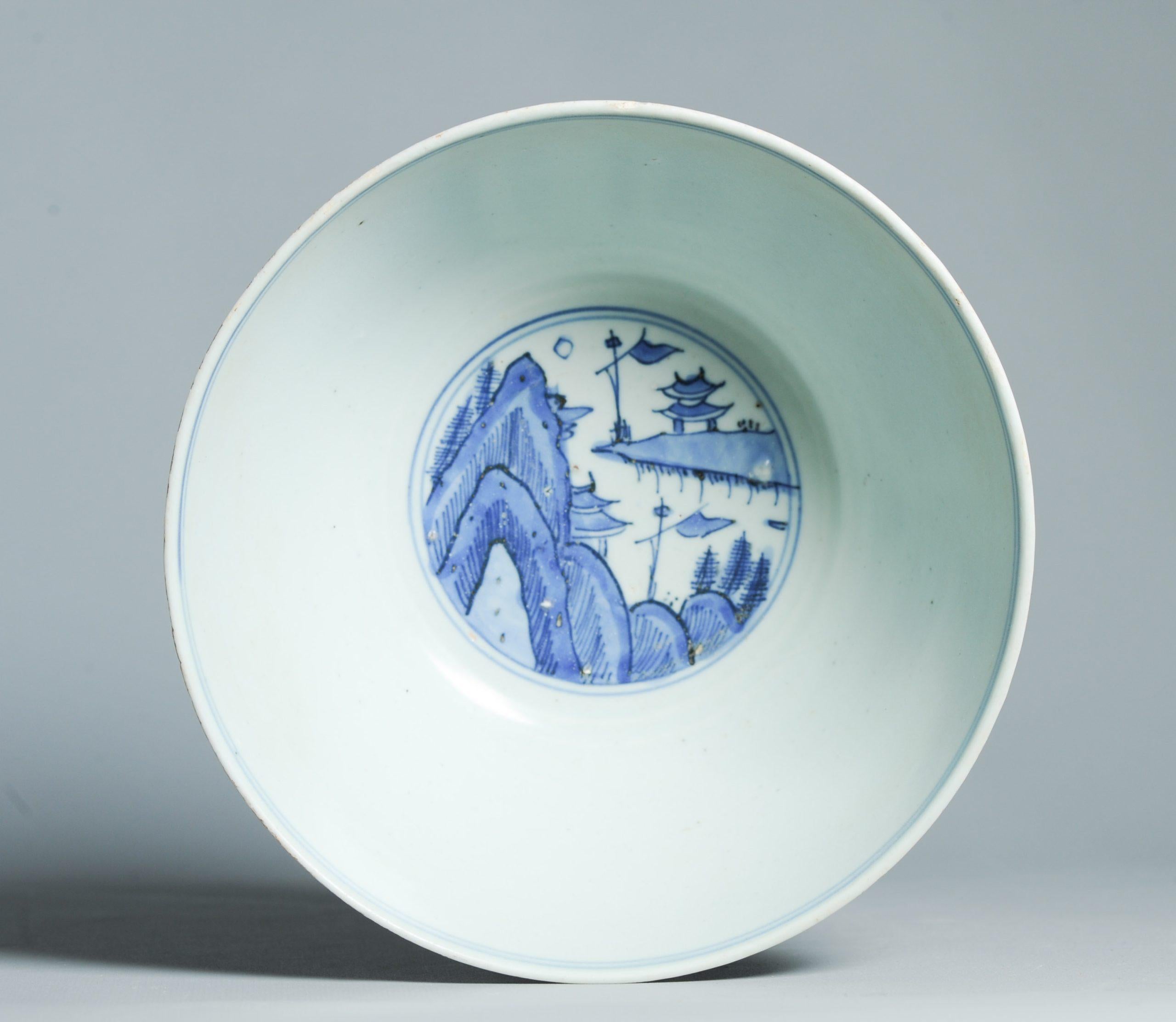 Antike 16. C Ming Jiajing Schale Chinesisches Porzellan Blau und weiß Landschaft im Angebot 1