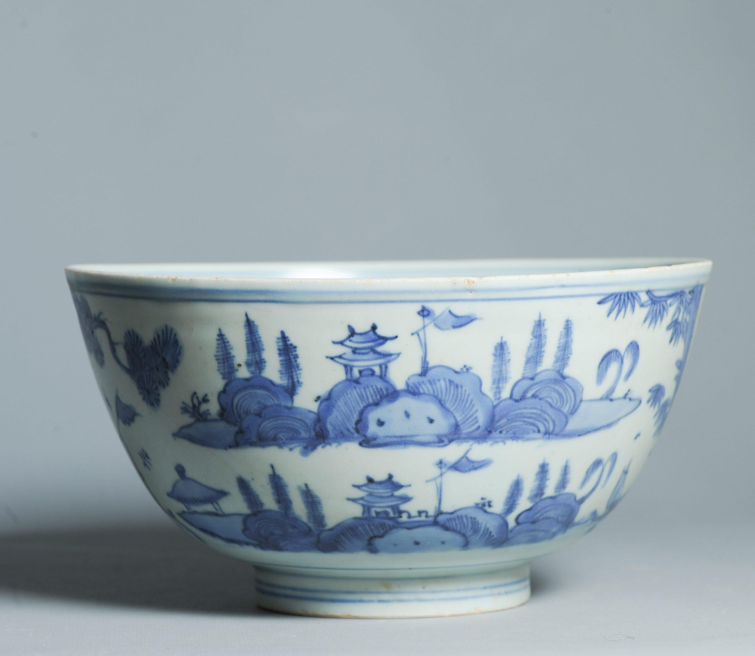 Antike 16. C Ming Jiajing Schale Chinesisches Porzellan Blau und weiß Landschaft im Angebot 2