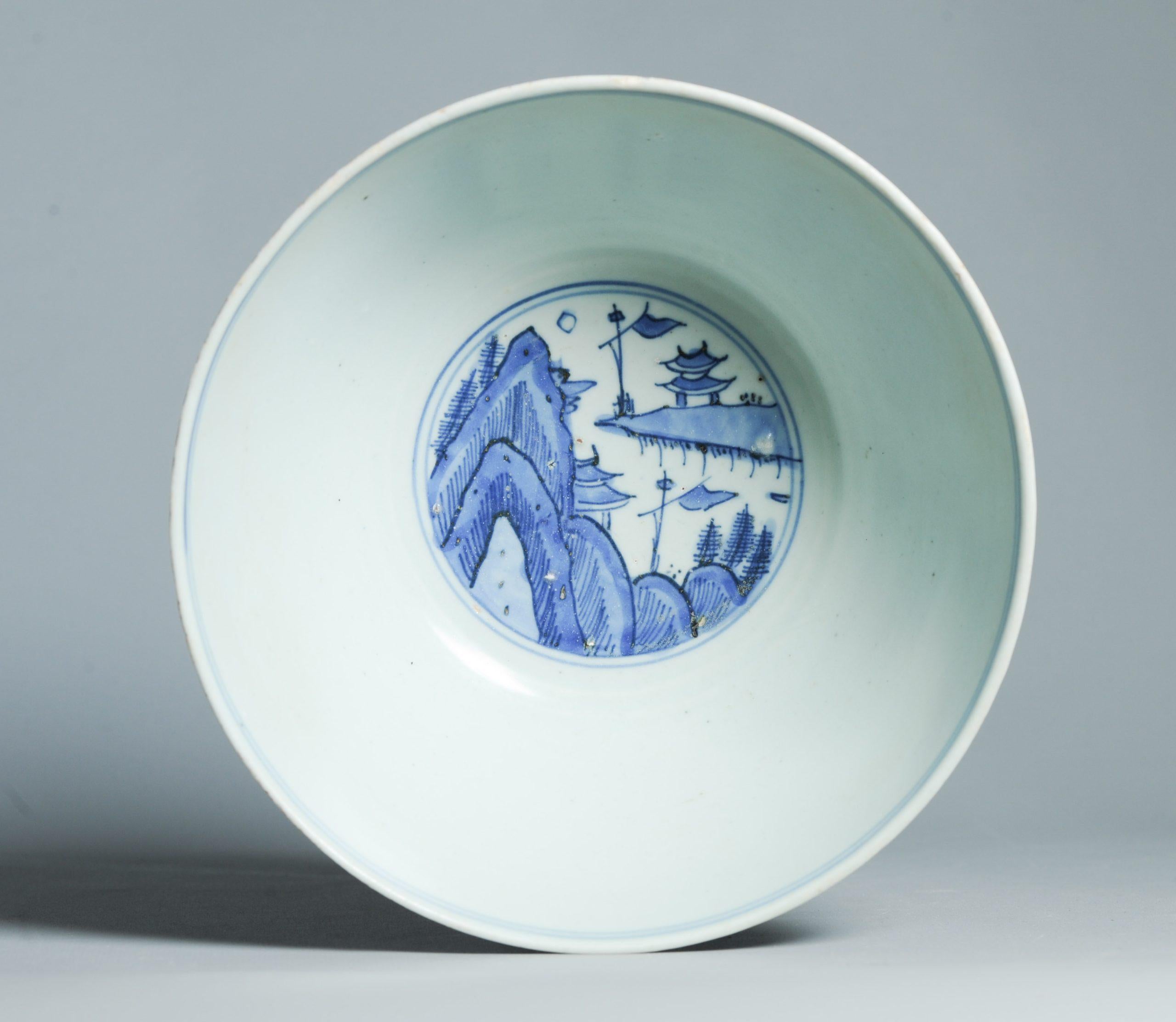 Antike 16. C Ming Jiajing Schale Chinesisches Porzellan Blau und weiß Landschaft im Angebot 3