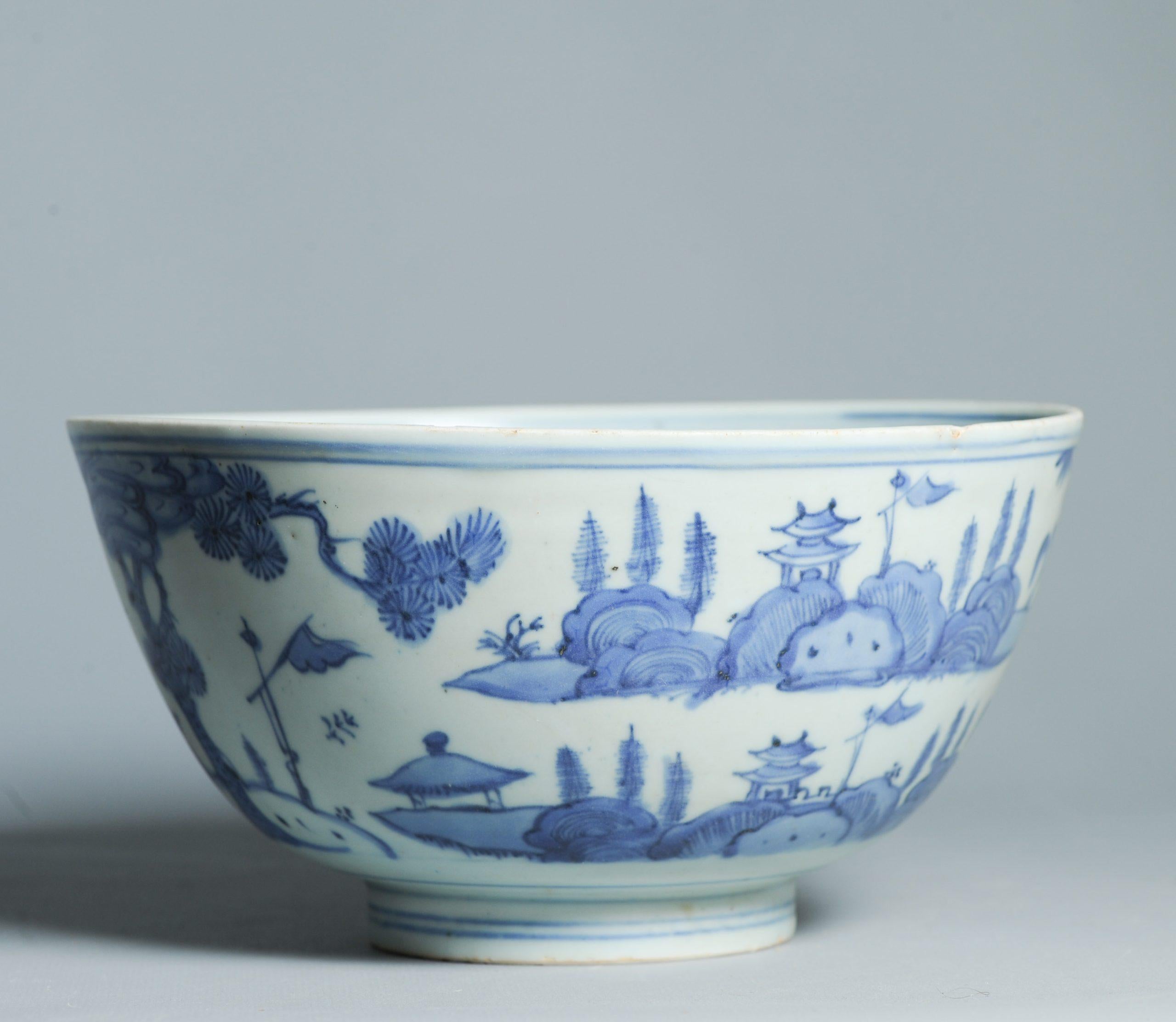 Antike 16. C Ming Jiajing Schale Chinesisches Porzellan Blau und weiß Landschaft im Angebot 4