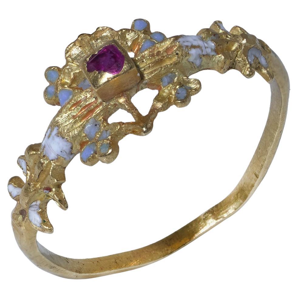 Antique 16th Century 20kt Gold Ring with Ruby and Enamel (Lithuanian-Polish)
