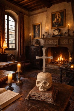 Antique 16th Century Austrian Gothic Marble Memento Mori Skull with Iron Cross