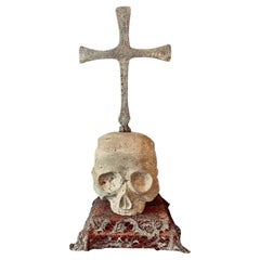 Antique 16th Century Austrian Gothic Marble Memento Mori Skull with Iron Cross
