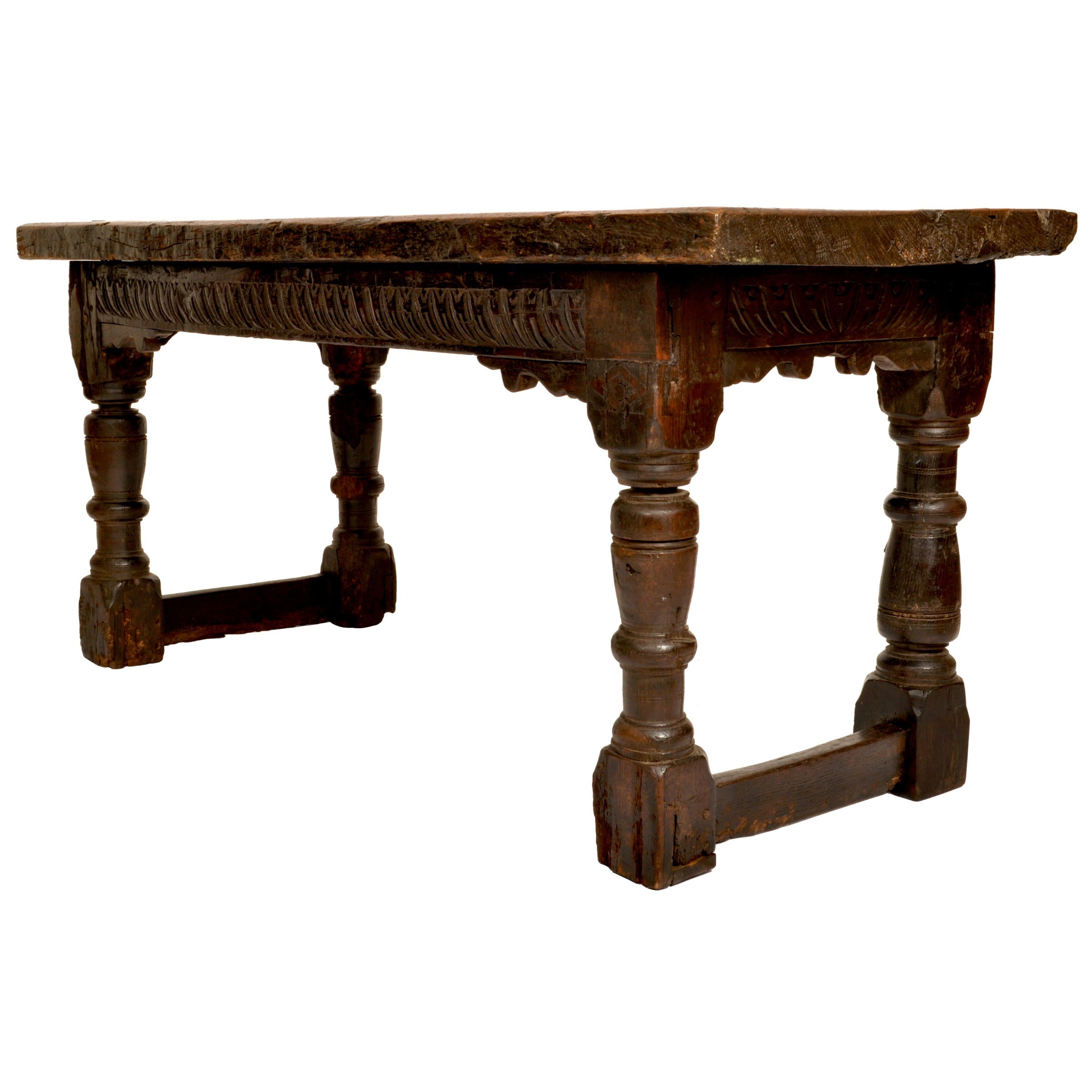 English Antique 16th Century Elizabethan Tudor Carved Oak Dining Refectory Table, 1550