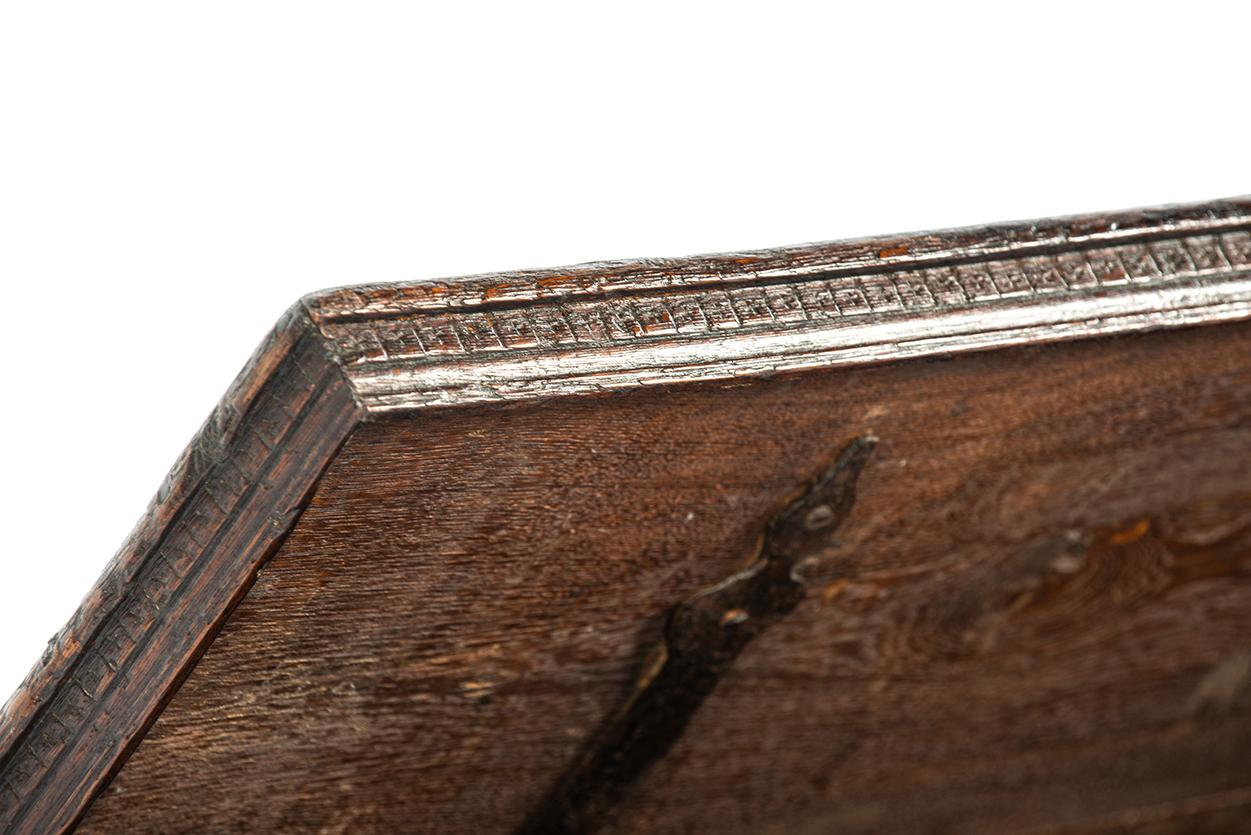Antique 16th Century German Dark Brown oak carved Stollentruhe  Trunk or Chest For Sale 3