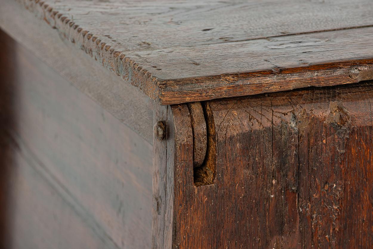 Antique 16th Century German Dark Brown oak carved Stollentruhe  Trunk or Chest For Sale 4