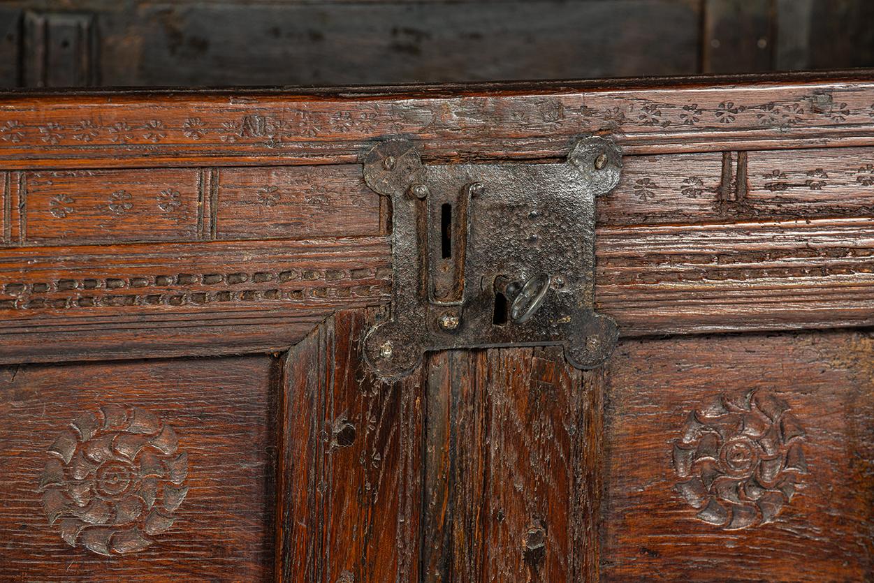 Antique 16th Century German Dark Brown oak carved Stollentruhe  Trunk or Chest For Sale 5