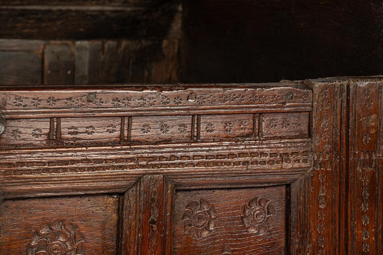 Antique 16th Century German Dark Brown oak carved Stollentruhe  Trunk or Chest For Sale 6