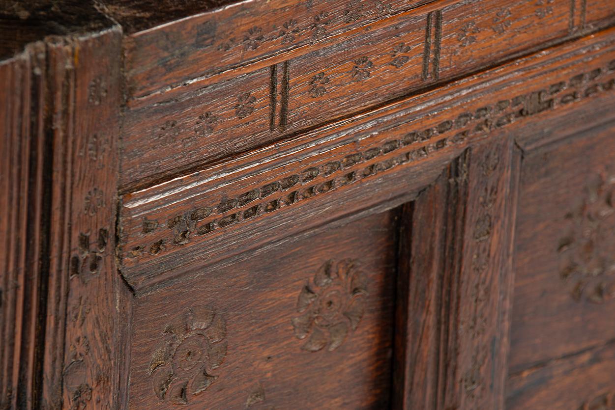 Antique 16th Century German Dark Brown oak carved Stollentruhe  Trunk or Chest For Sale 11