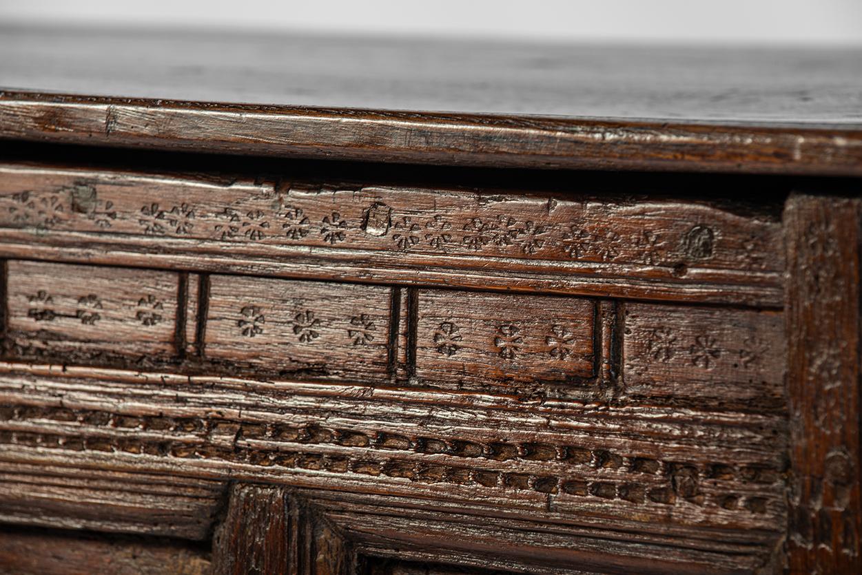 Antique 16th Century German Dark Brown oak carved Stollentruhe  Trunk or Chest For Sale 13