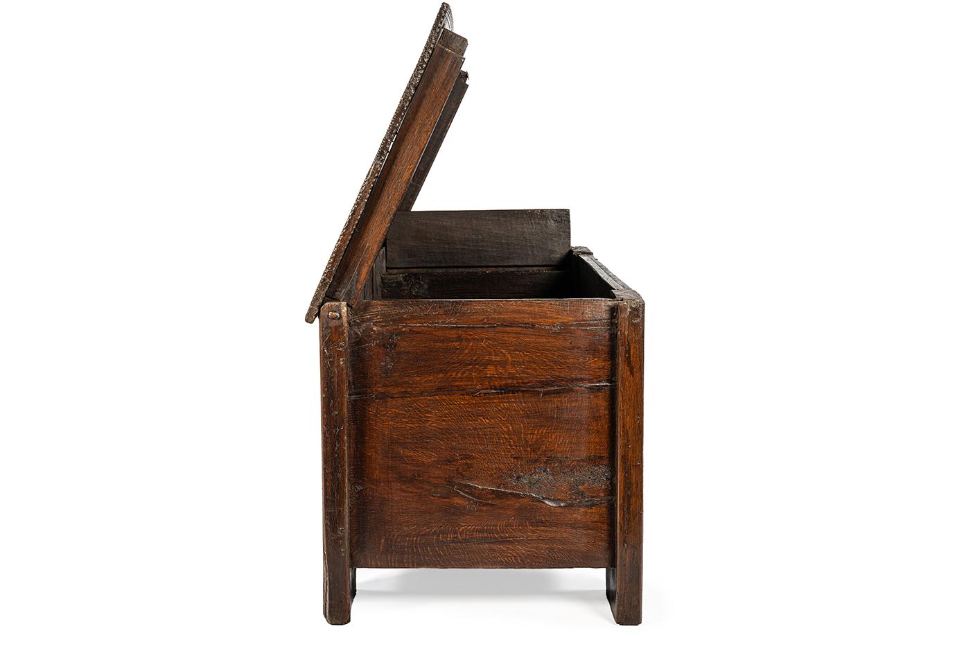 Medieval Antique 16th Century German Dark Brown oak carved Stollentruhe  Trunk or Chest For Sale