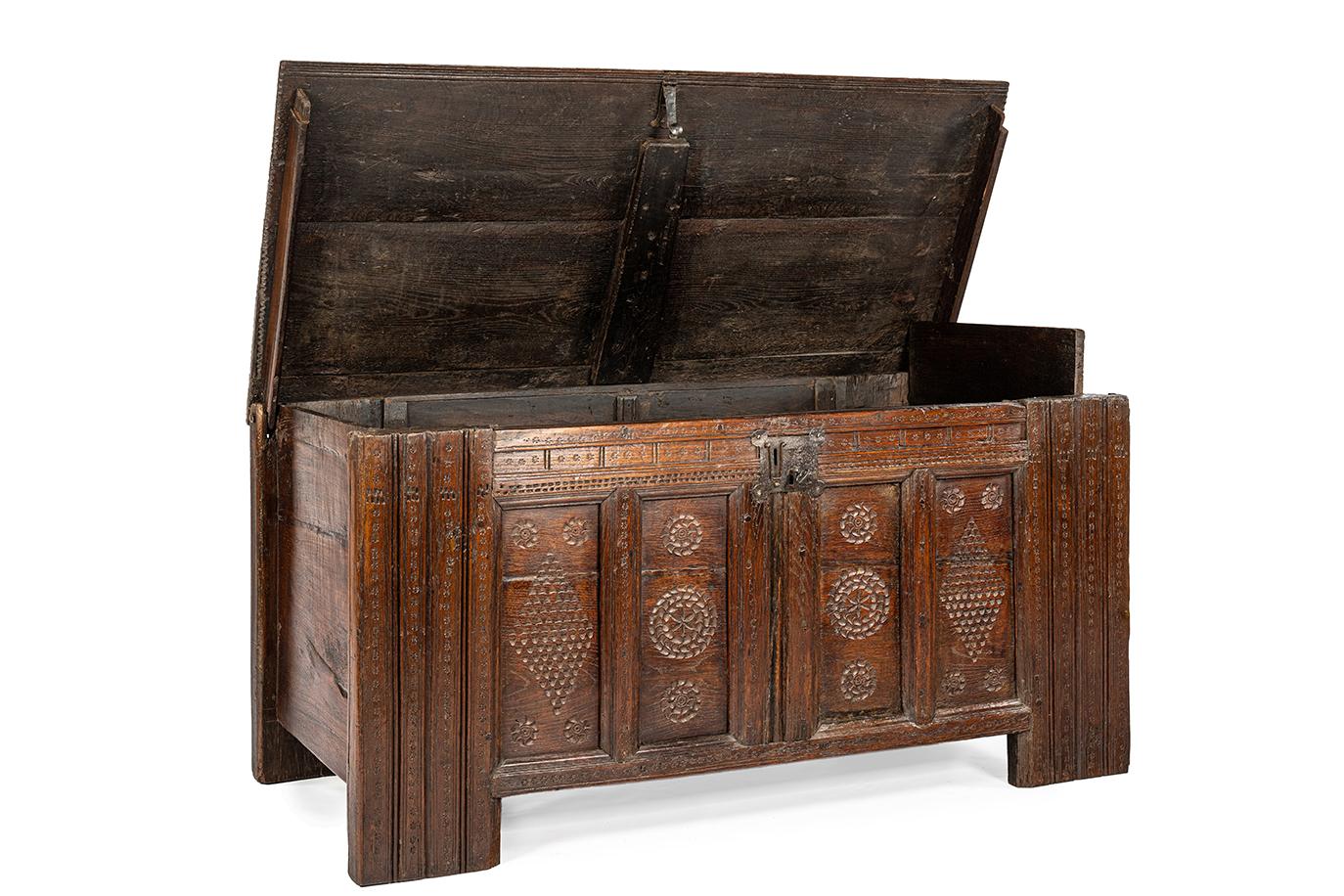 18th Century and Earlier Antique 16th Century German Dark Brown oak carved Stollentruhe  Trunk or Chest For Sale