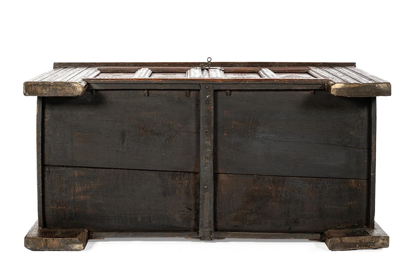 Steel Antique 16th Century German Dark Brown oak carved Stollentruhe  Trunk or Chest For Sale