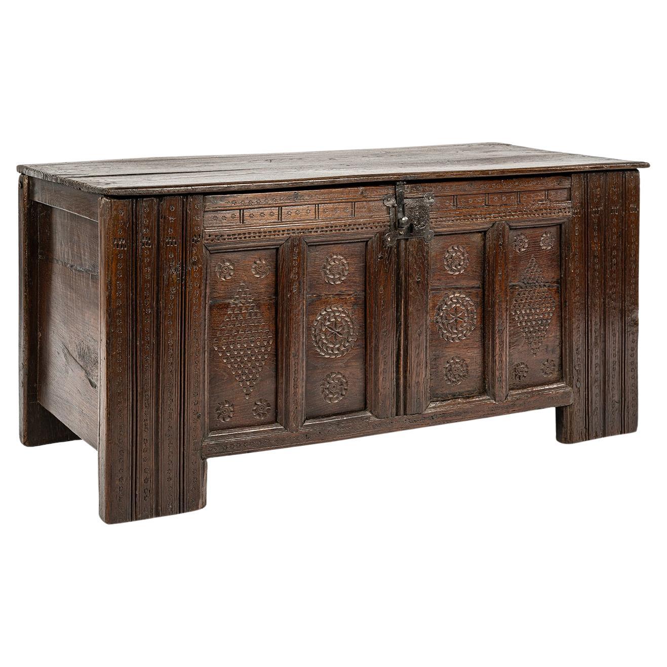 Antique 16th Century German Dark Brown oak carved Stollentruhe  Trunk or Chest For Sale