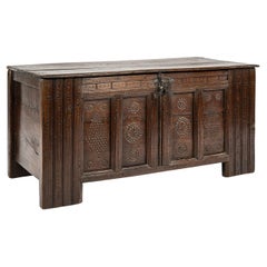Antique 16th Century German Dark Brown oak carved Stollentruhe  Trunk or Chest