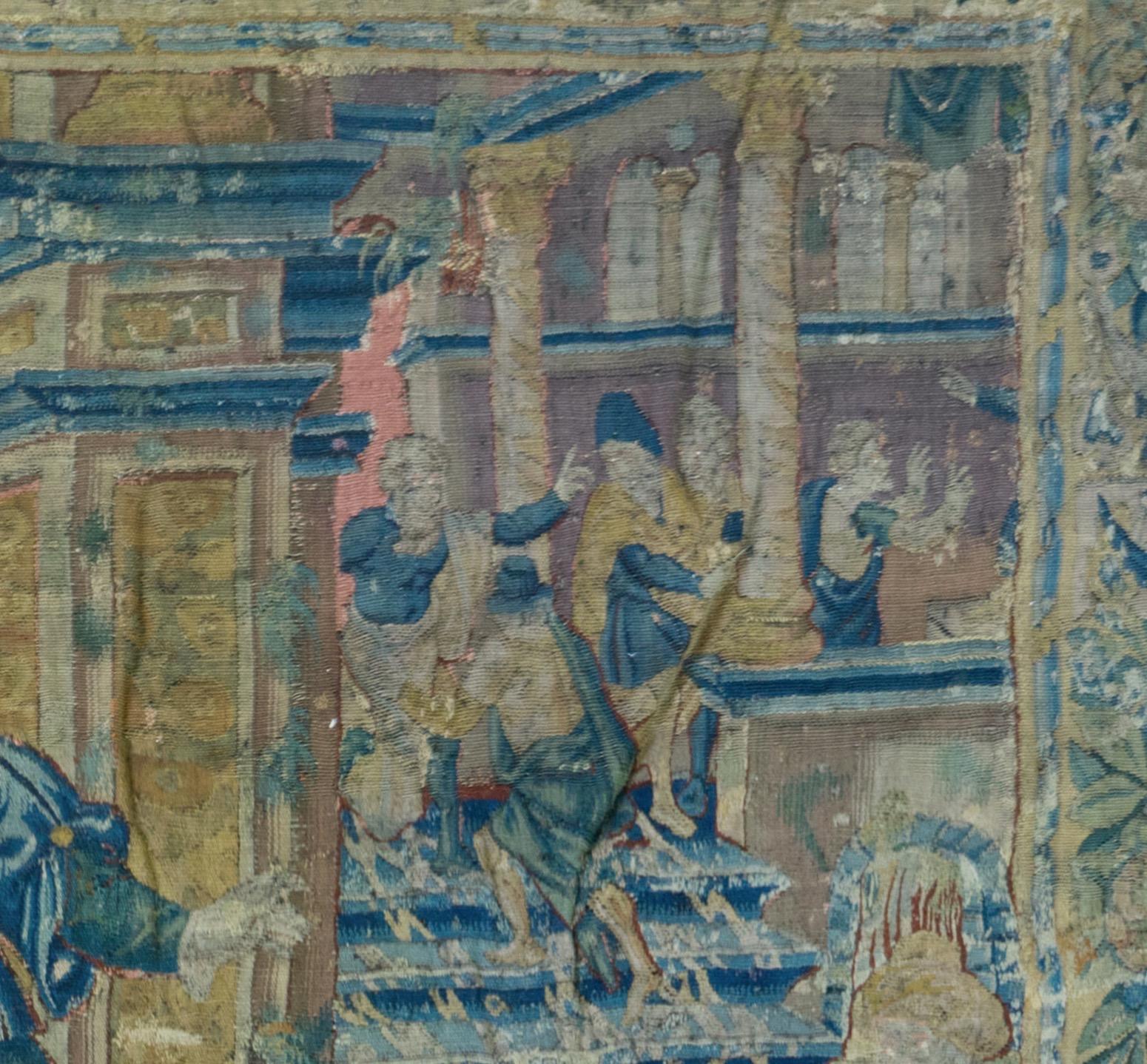 Belgian Antique 16th Century Navy Blue and Gold Flemish Renaissance Biblical Tapestry For Sale