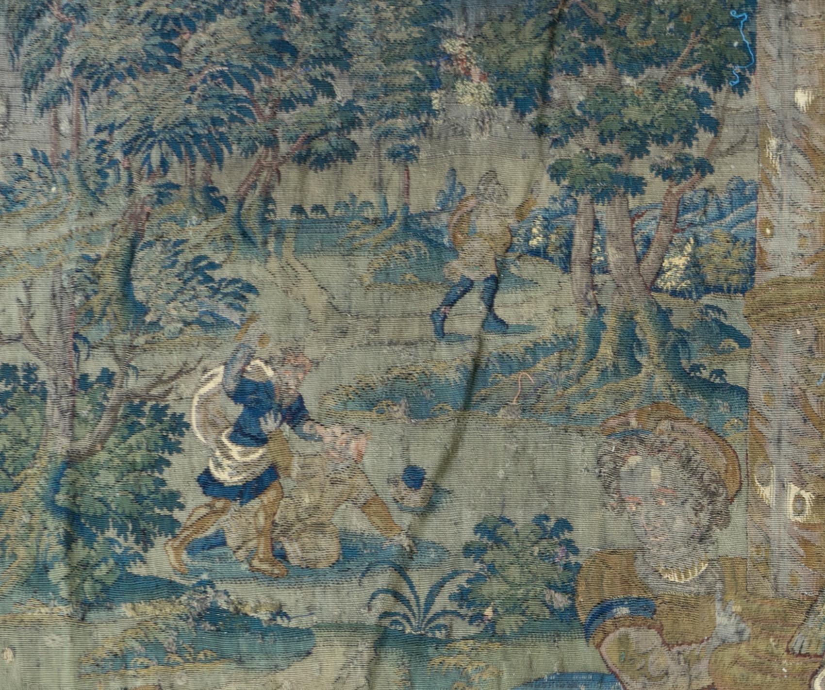 Antique 16th Century Navy Blue and Gold Flemish Renaissance Biblical Tapestry In Good Condition For Sale In New York, NY