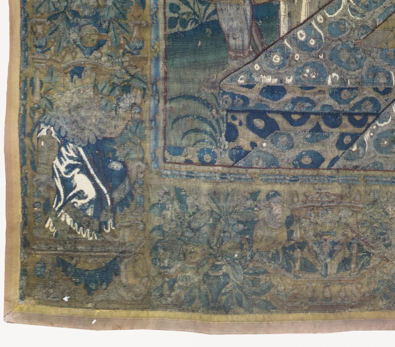 Ancienne tapisserie biblique de la Renaissance flamande du XVIe siècle, bleu marine et or en vente 1