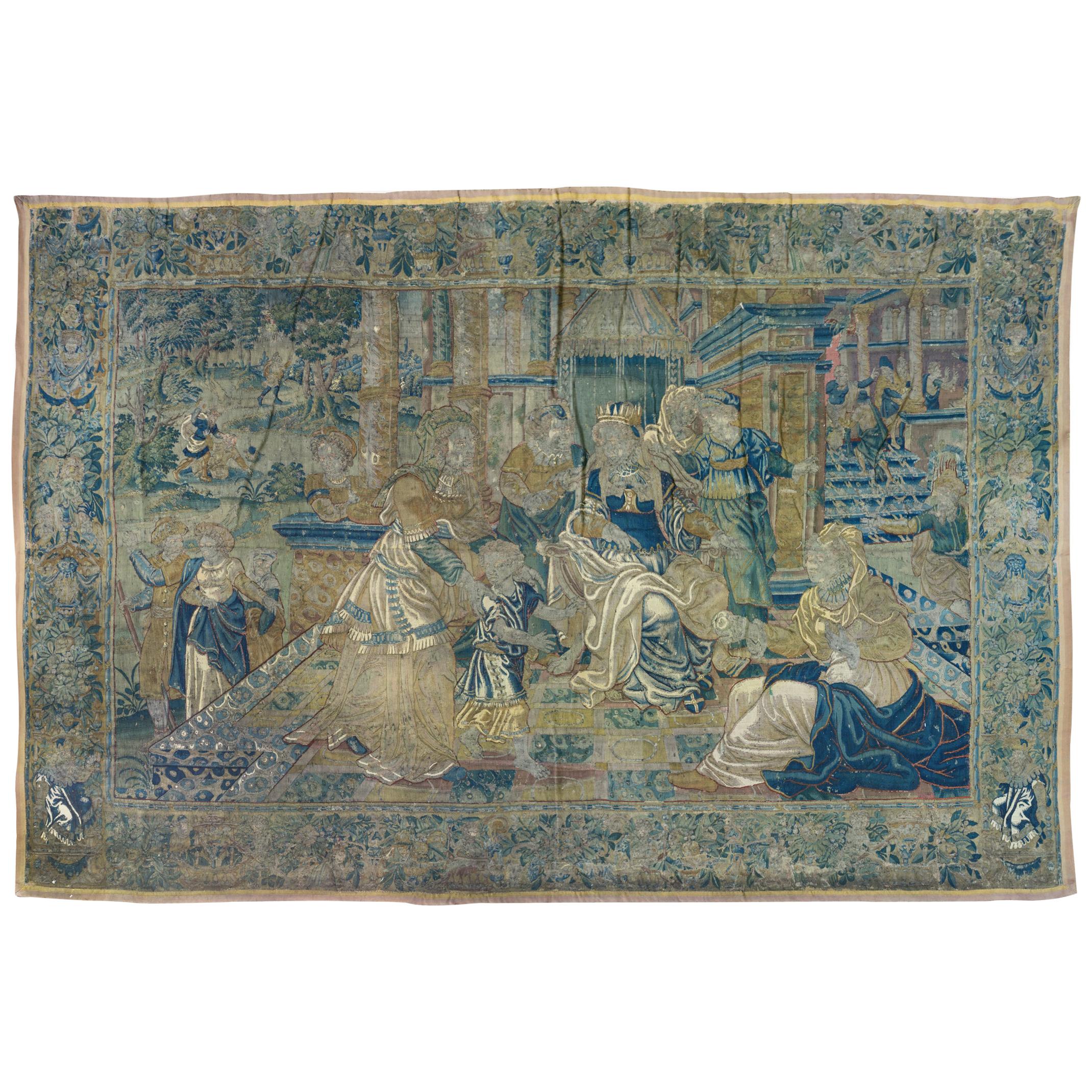 Antique 16th Century Navy Blue and Gold Flemish Renaissance Biblical Tapestry