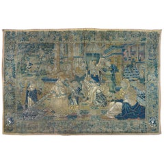 Antique 16th Century Navy Blue and Gold Flemish Renaissance Biblical Tapestry