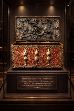 Ancien coffre-fort vénitien du 16ème siècle en fer peint et doré avec clé d'origine