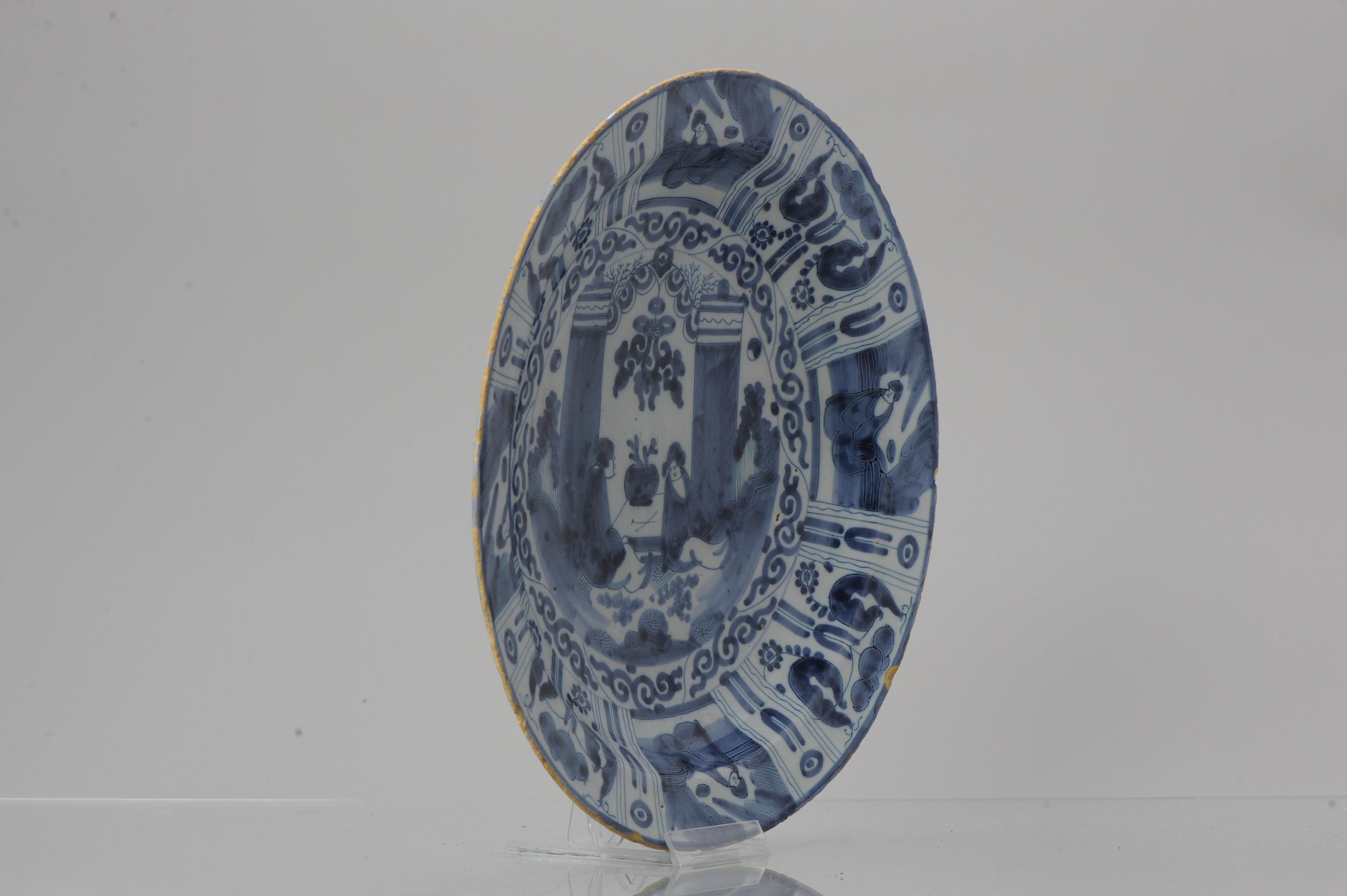 Antique 17/18th C Dutch Kraak Large Plate Charger Delftware Delft Blue Figures For Sale 7