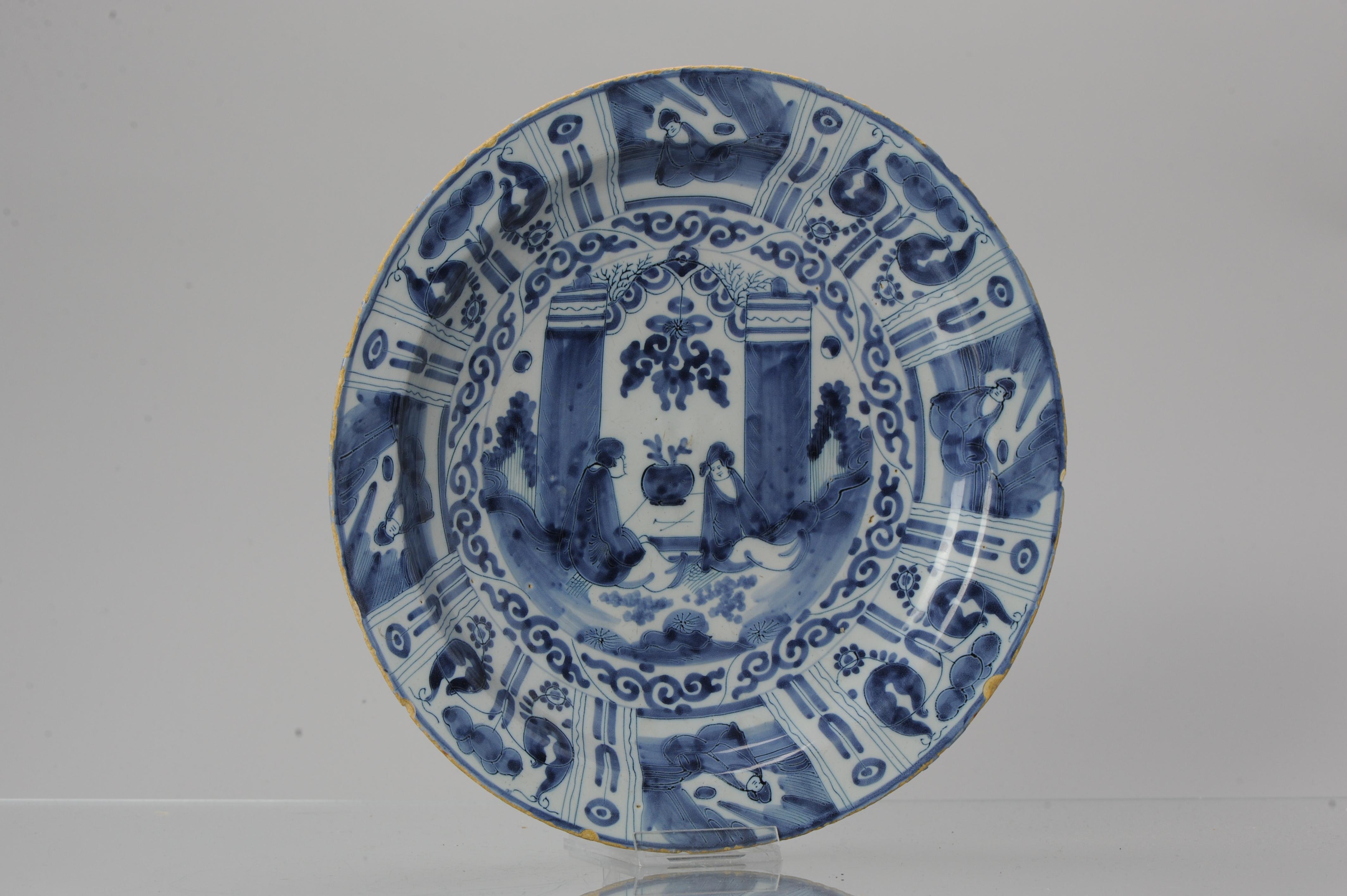 Antique 17/18th C Dutch Kraak Large Plate Charger Delftware Delft Blue Figures For Sale 8
