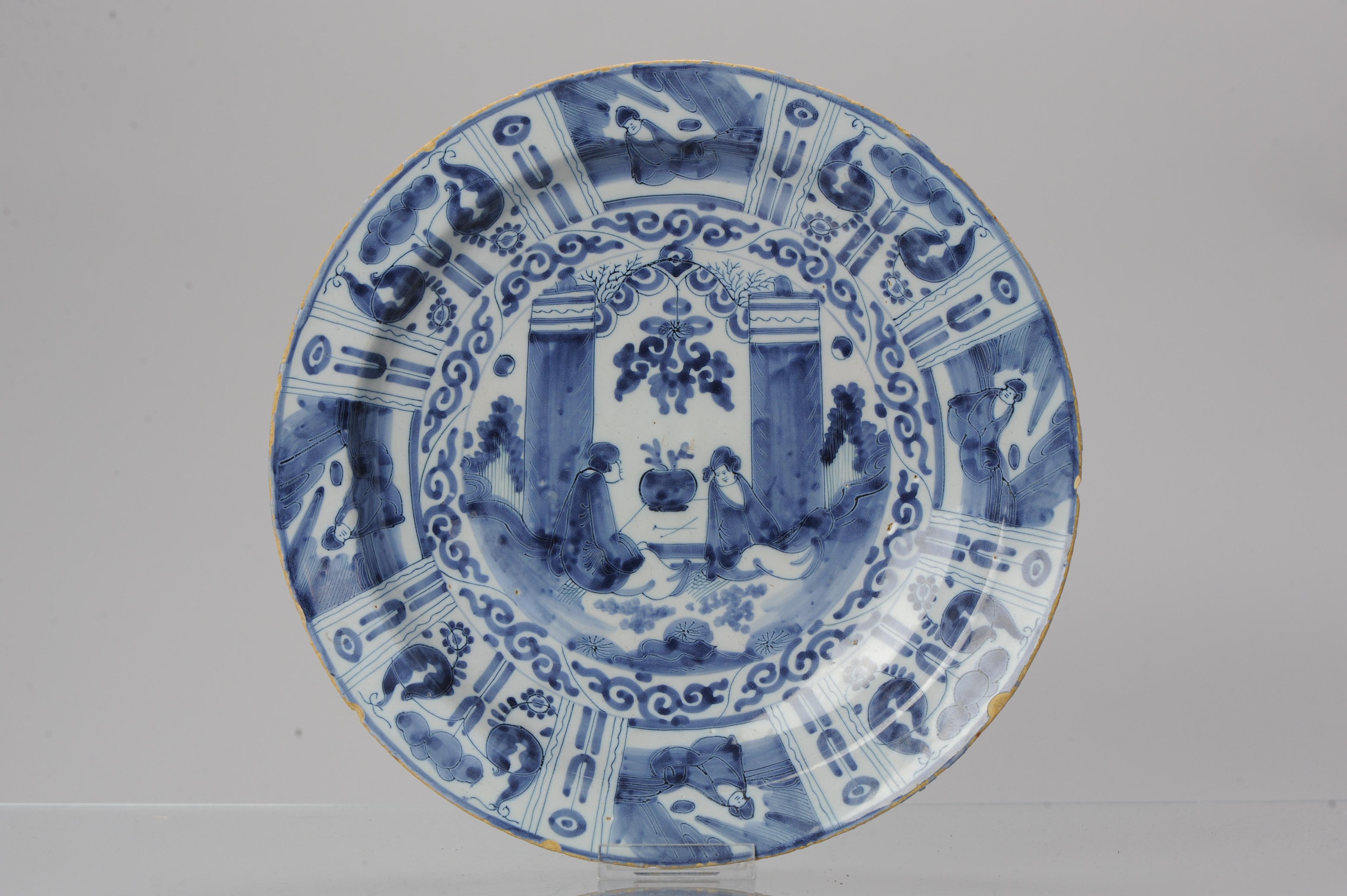 Description

Very cool 17/18C Delft Porcelain charger with hand painted decoration.

Inspired on Chinese pieces from the mid 17th century. Very interesting scene of man and lady in a pagoda.

Condition
Typical fritting and small chips. Size