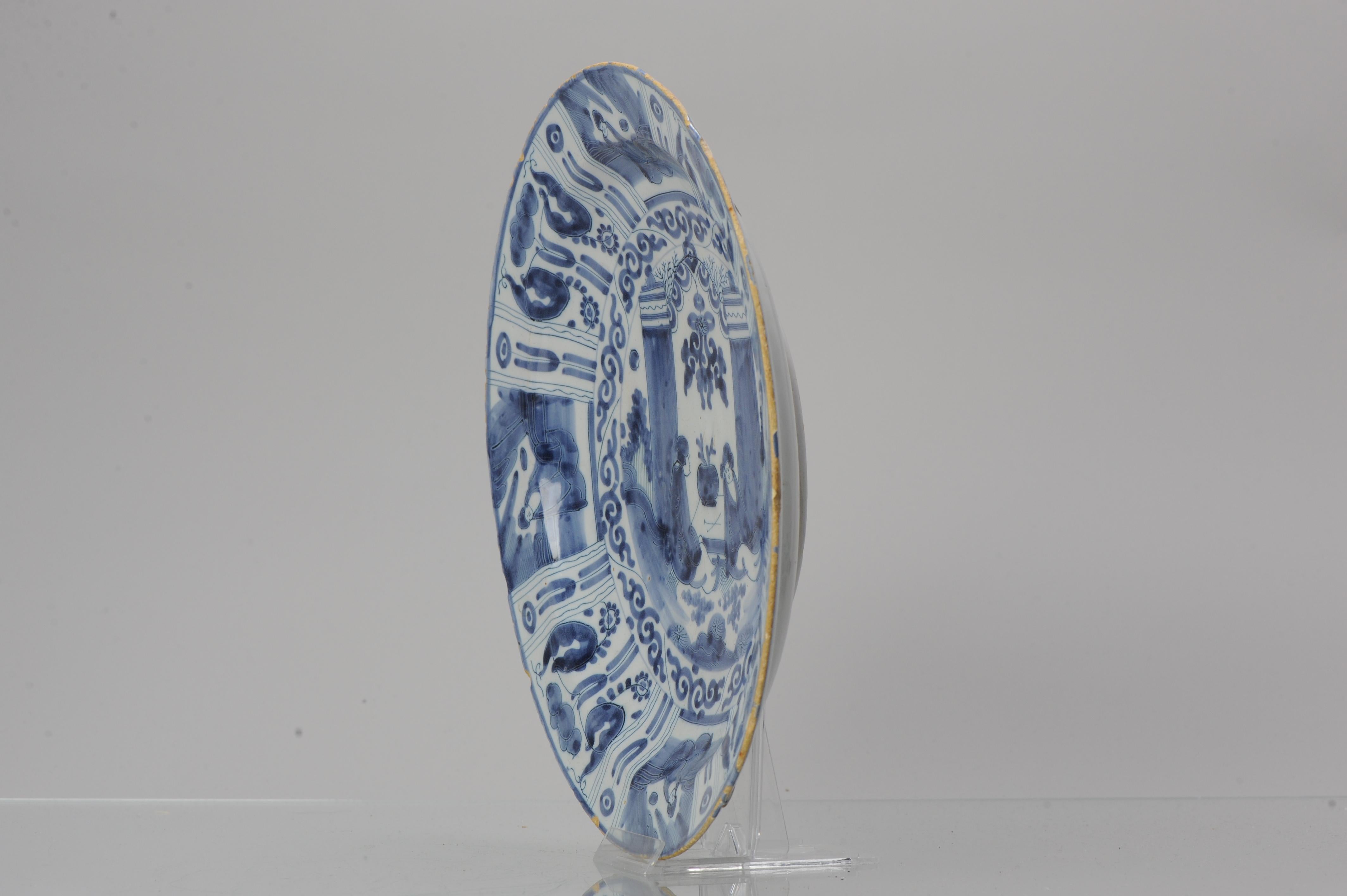 18th Century and Earlier Antique 17/18th C Dutch Kraak Large Plate Charger Delftware Delft Blue Figures For Sale