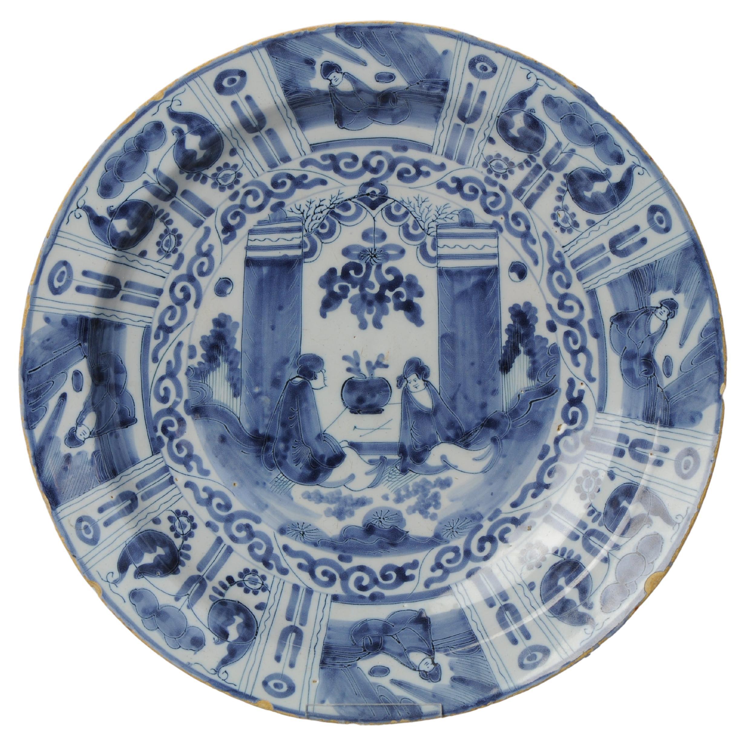 Antique 17/18th C Dutch Kraak Large Plate Charger Delftware Delft Blue Figures For Sale