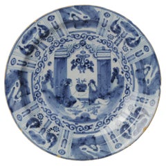 Antique 17/18th C Dutch Kraak Large Plate Charger Delftware Delft Blue Figures