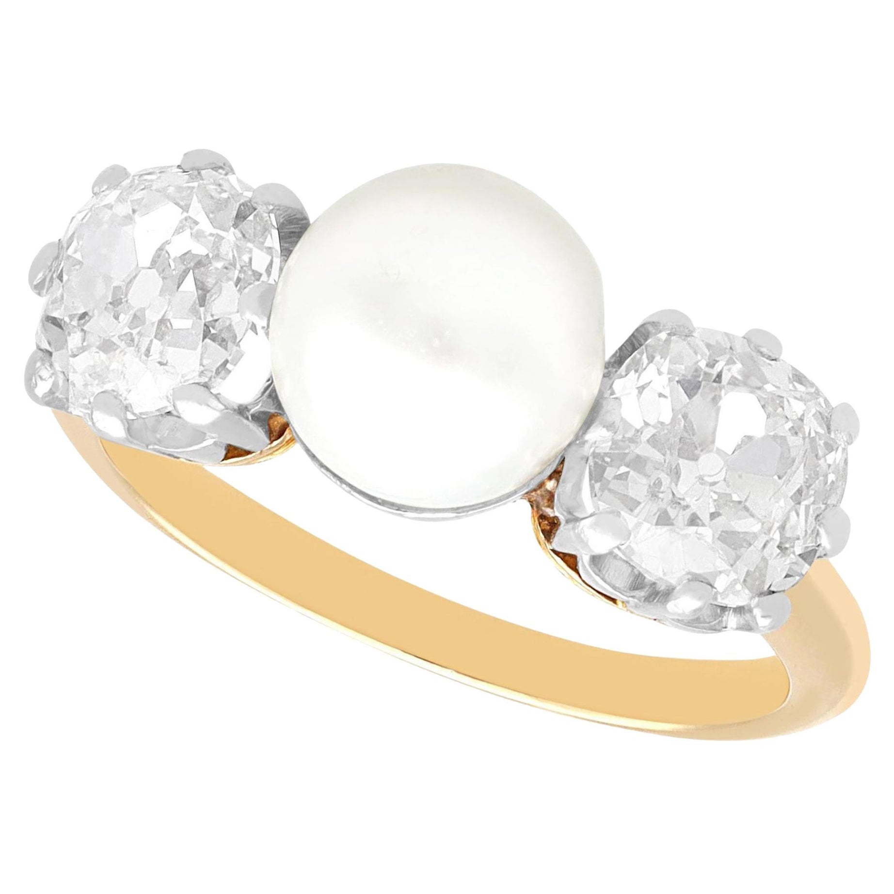 Anello antico a trilogia di diamanti e perle naturali da 1,70 carati in oro giallo 18 carati