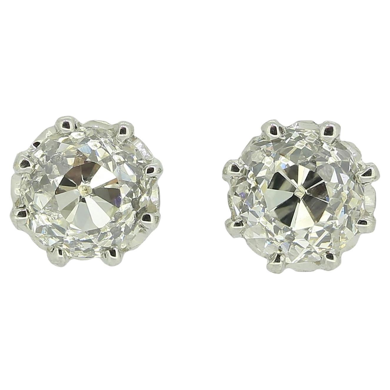 Antique 1.70 Carat Old Cut Diamond Stud Earrings