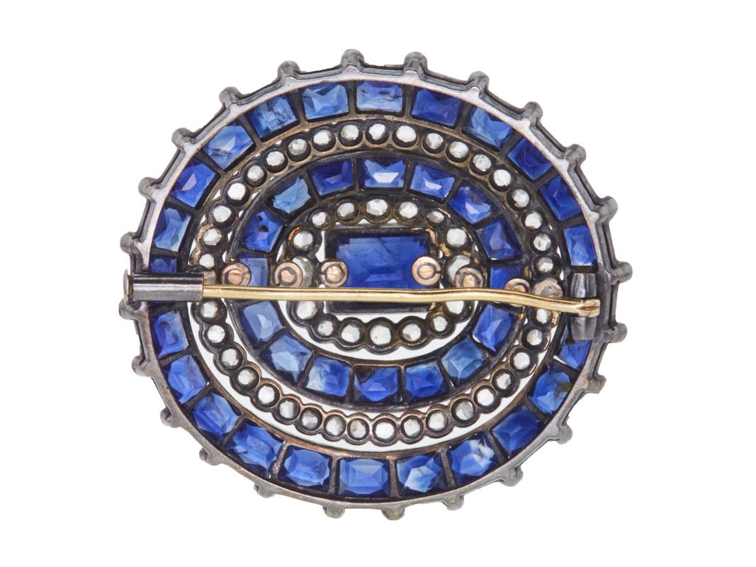 Antique 1.70 Carat Single Cut Diamonds and 16.45 Carat Sapphire Brooch In Good Condition For Sale In New York, NY