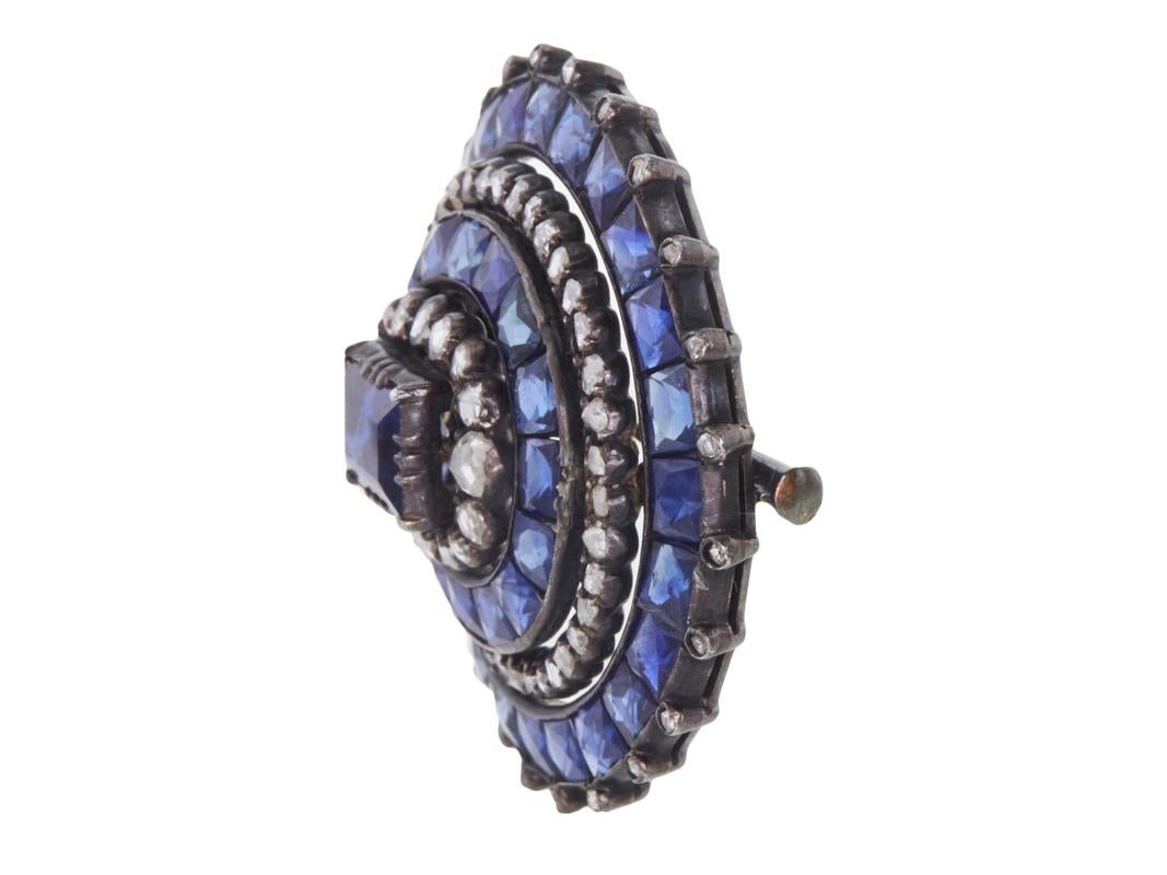 Women's Antique 1.70 Carat Single Cut Diamonds and 16.45 Carat Sapphire Brooch For Sale