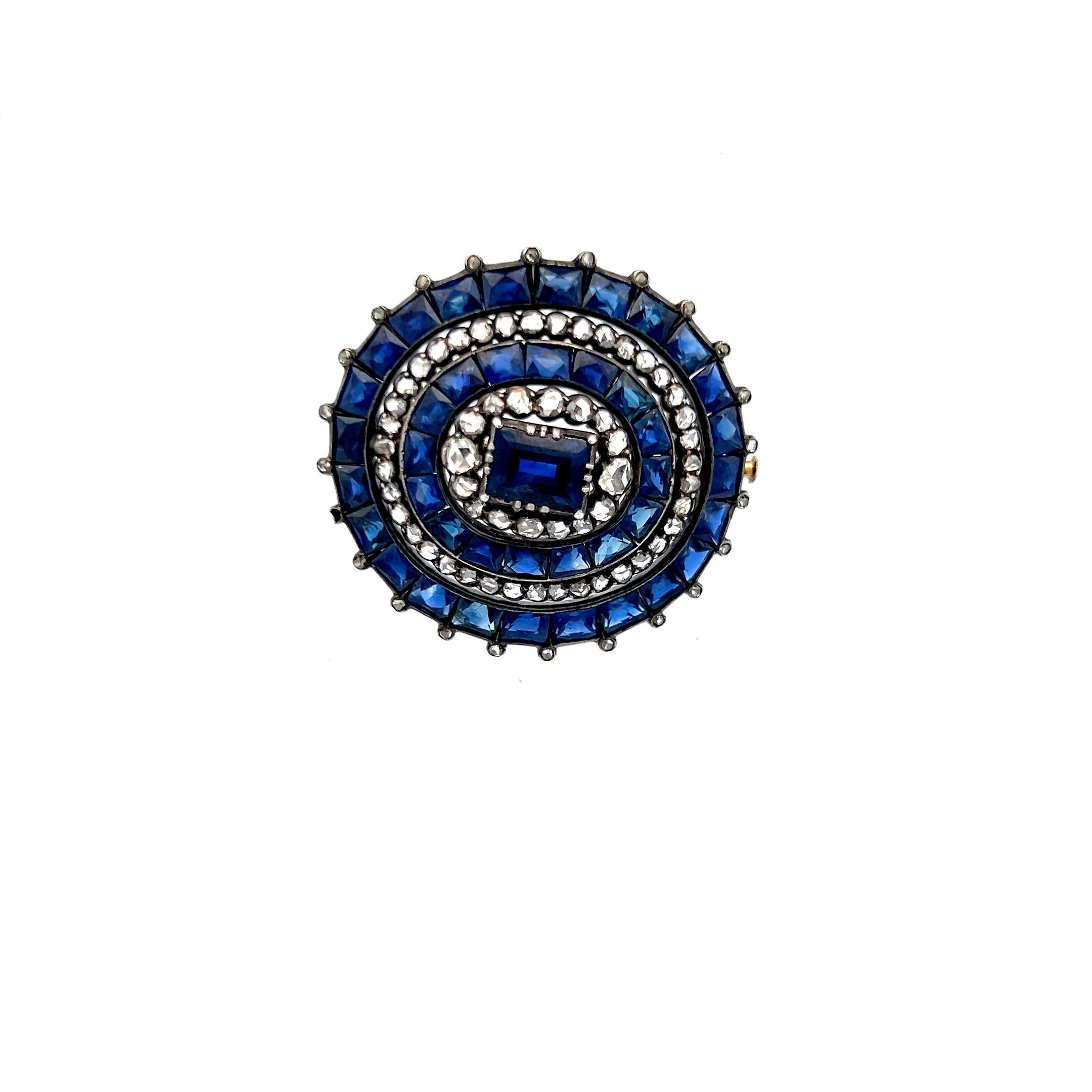 Antique 1.70 Carat Single Cut Diamonds and 16.45 Carat Sapphire Brooch For Sale 1