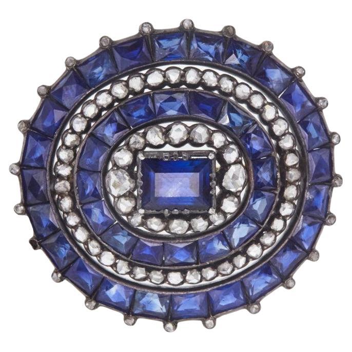 Antique 1.70 Carat Single Cut Diamonds and 16.45 Carat Sapphire Brooch For Sale