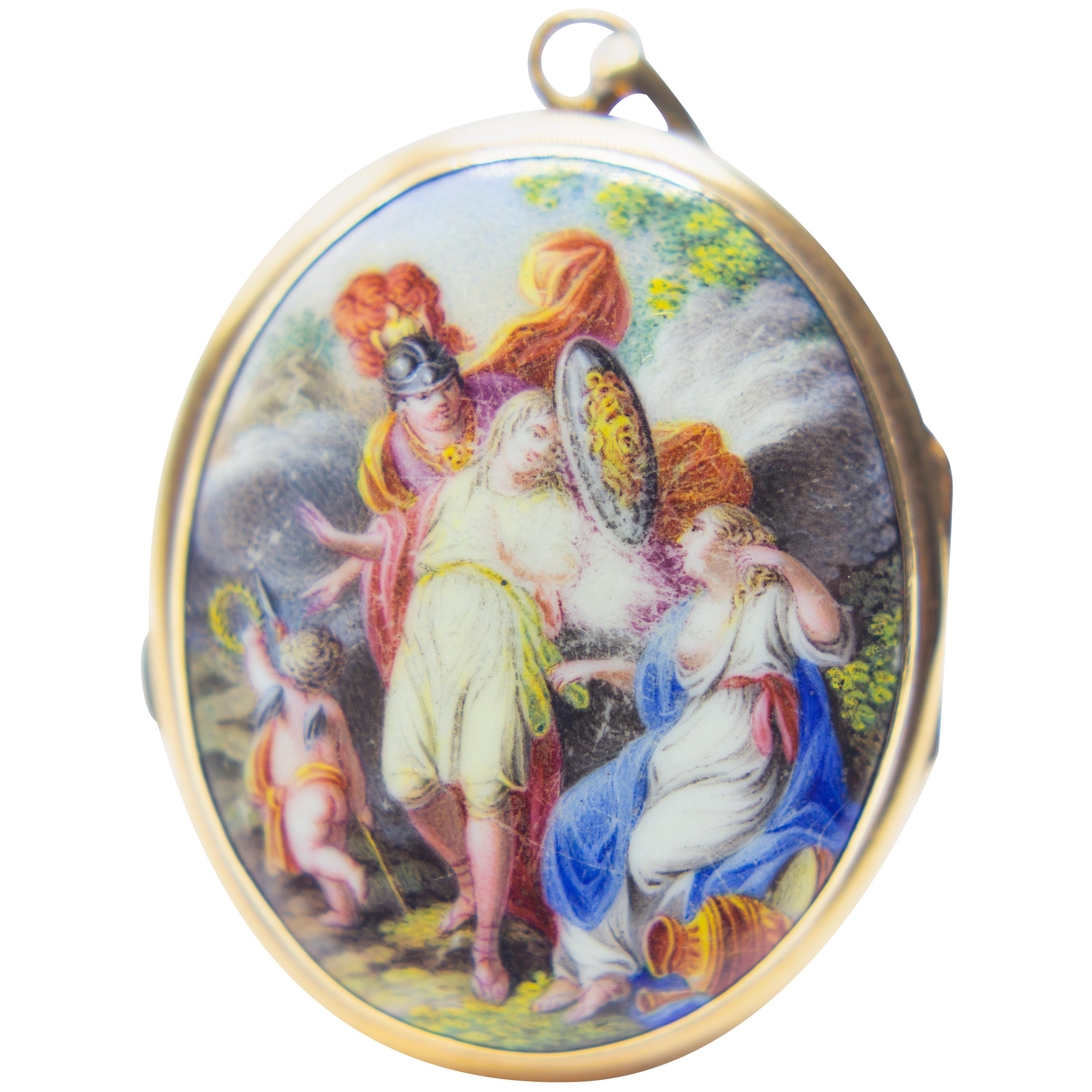 Antique 1700s Gold Miniature Pendant with Greek Mythology Perseus Andromeda For Sale