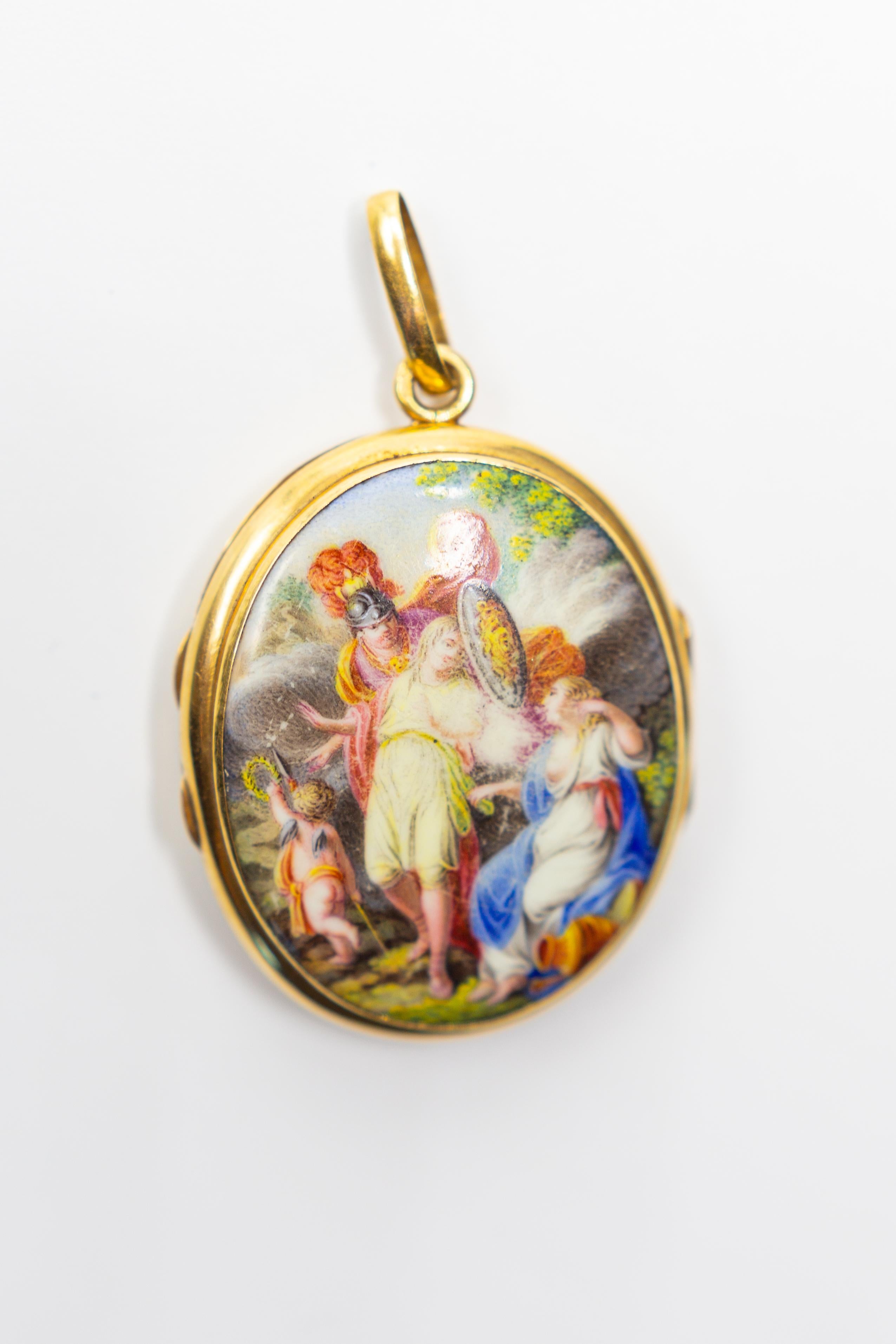 Antique 1700s Gold Miniature Pendant with Greek Mythology Perseus Andromeda In Good Condition For Sale In Houston, TX