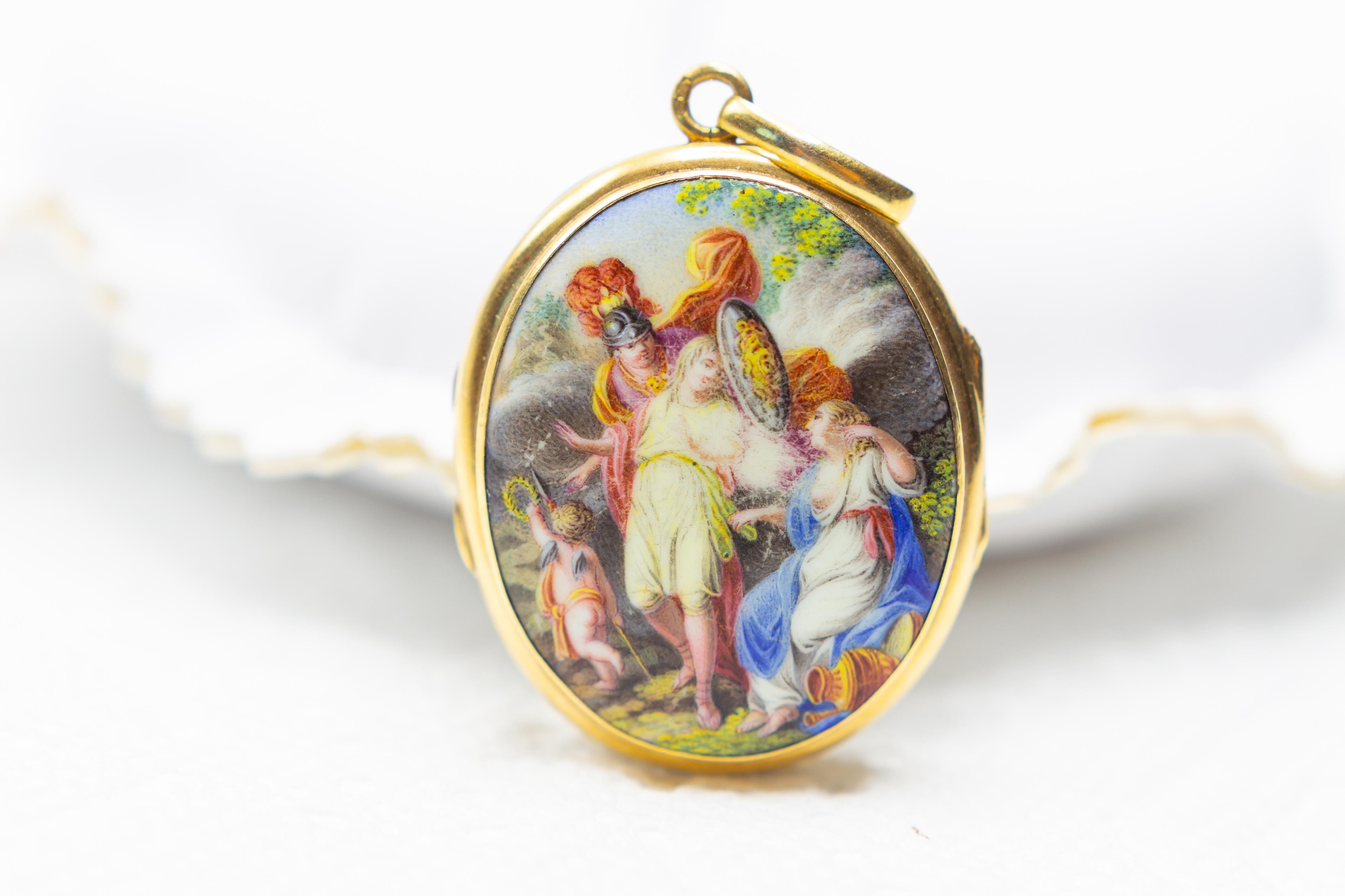 Women's or Men's Antique 1700s Gold Miniature Pendant with Greek Mythology Perseus Andromeda For Sale