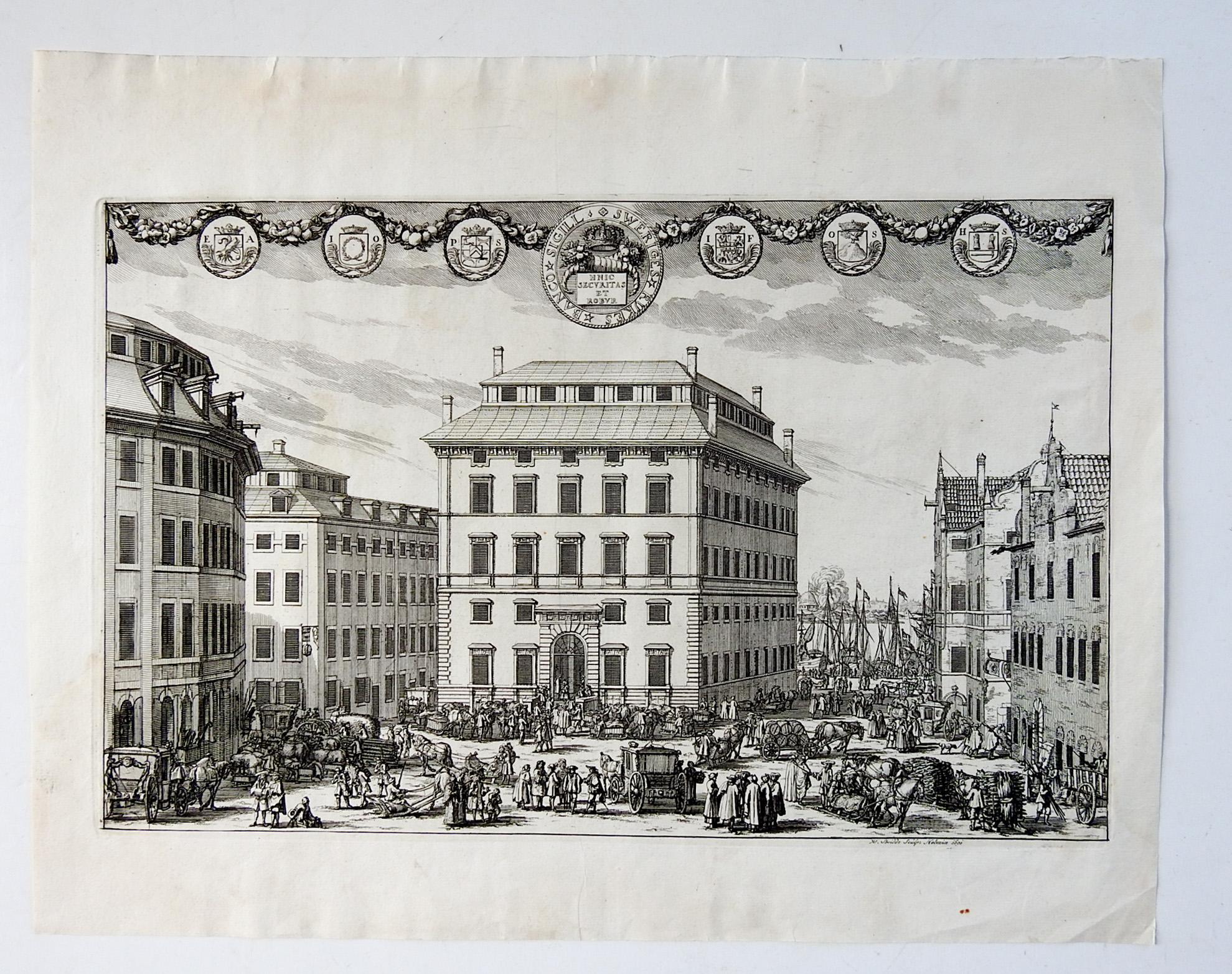 Set of 3 antique circa 1702 architectural etchings by Johannes van den Aveelen.  Includes the Tessin Palace in Stockholm, Swedish Bank and Schellnora estate.  From a large series of engravings collected by Erik Dahlberg of Swedish estates. Unframed,