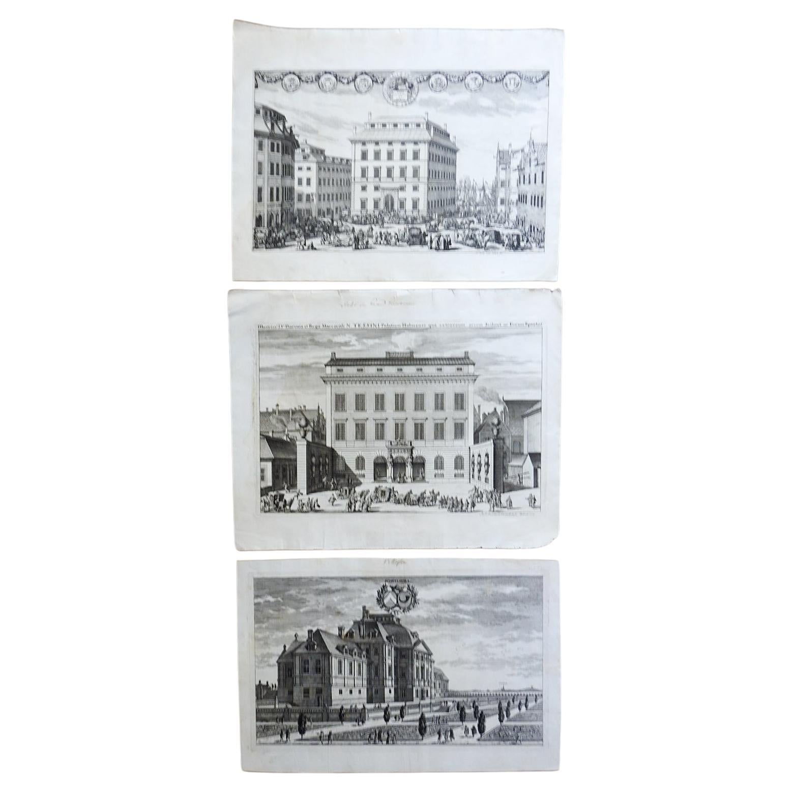 Antike schwedische Barock-Architektur-Radierungen 1702 - 3er-Set im Angebot