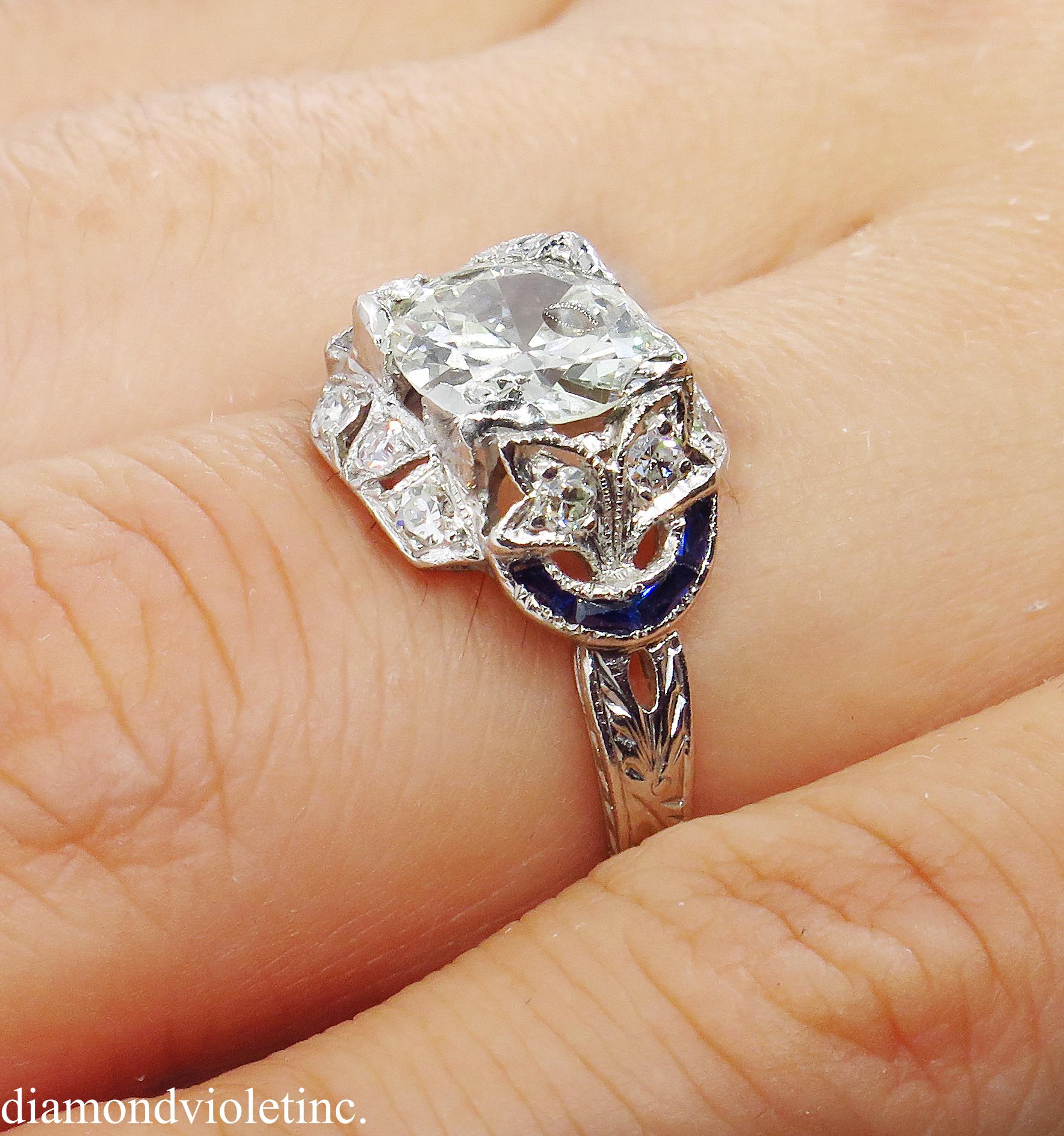 Antique 1.71 Carat Old Euro Diamond Sapphire Wedding Platinum Ring EGL, USA 7