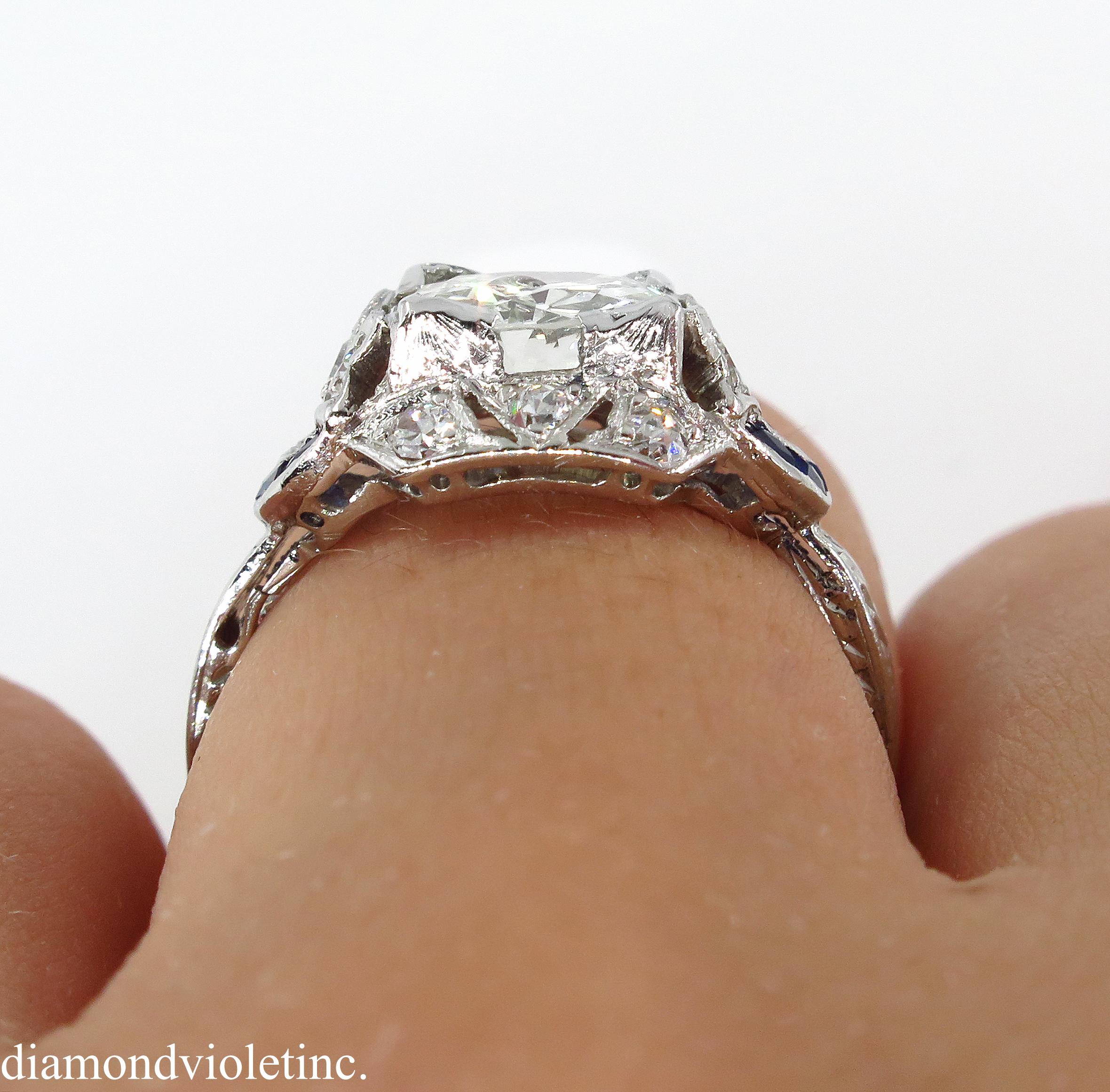 Antique 1.71 Carat Old Euro Diamond Sapphire Wedding Platinum Ring EGL, USA 10