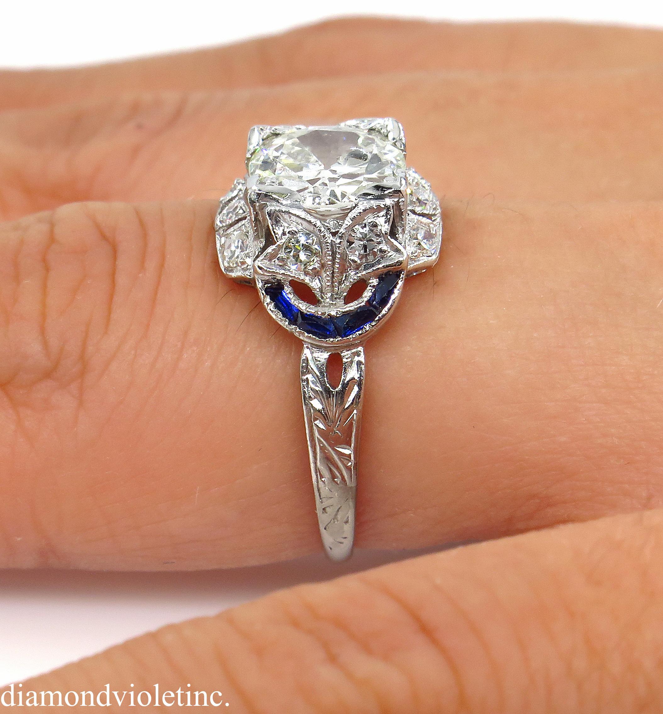 Antique 1.71 Carat Old Euro Diamond Sapphire Wedding Platinum Ring EGL, USA 11