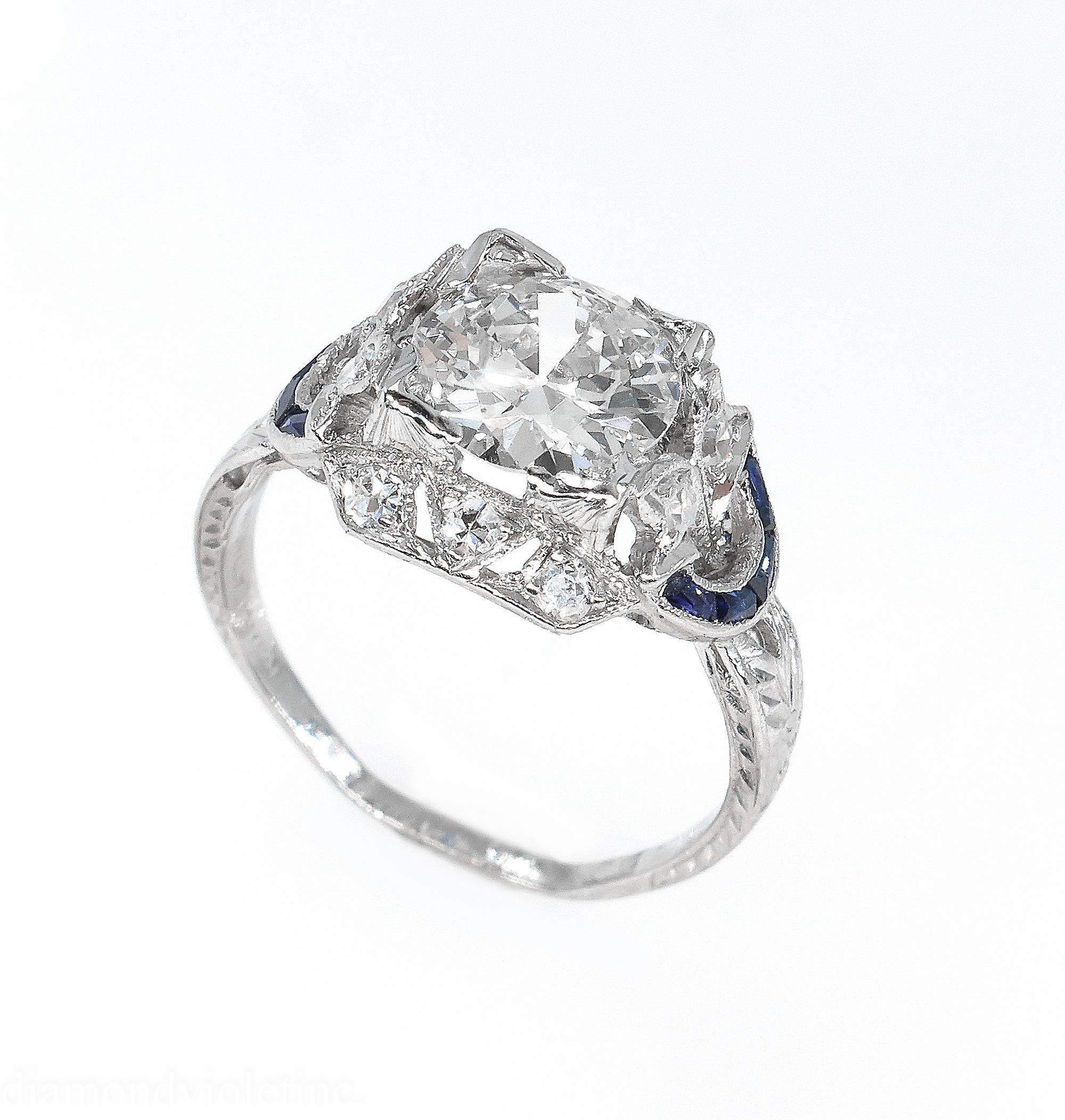 Edwardian Antique 1.71 Carat Old Euro Diamond Sapphire Wedding Platinum Ring EGL, USA